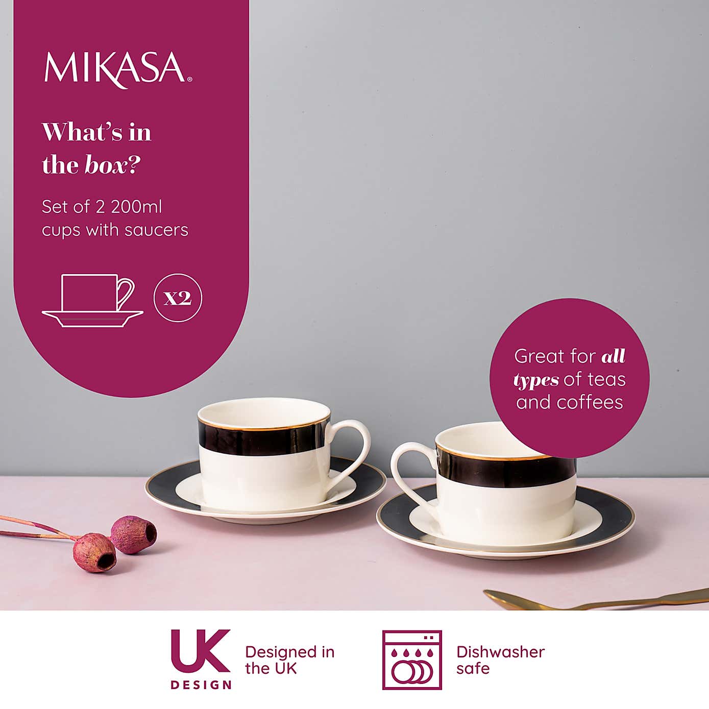 Mikasa Set of 2 Luxury Deco Clay Teacups & Saucers