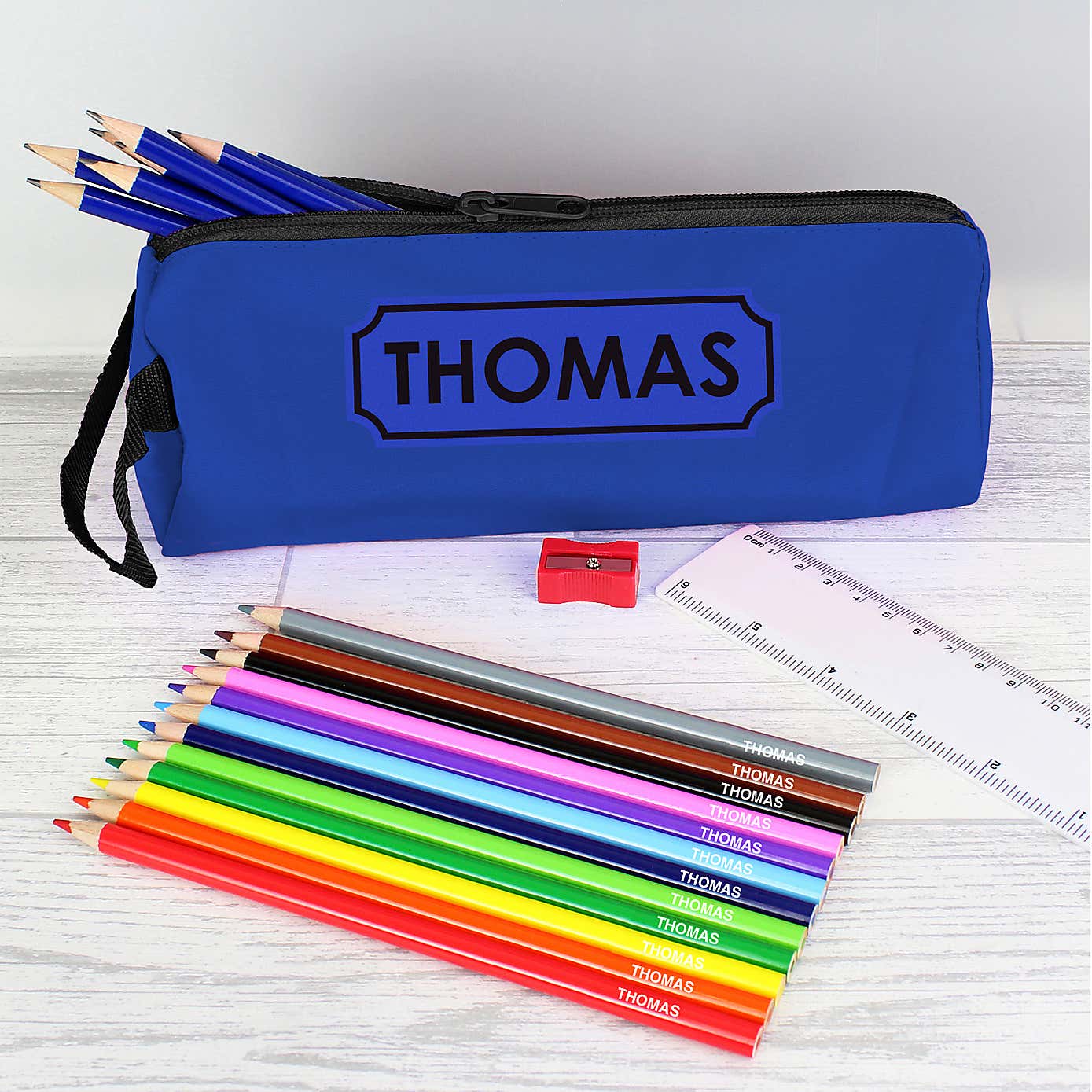 Blue Pencil Case with Personalised Pencils