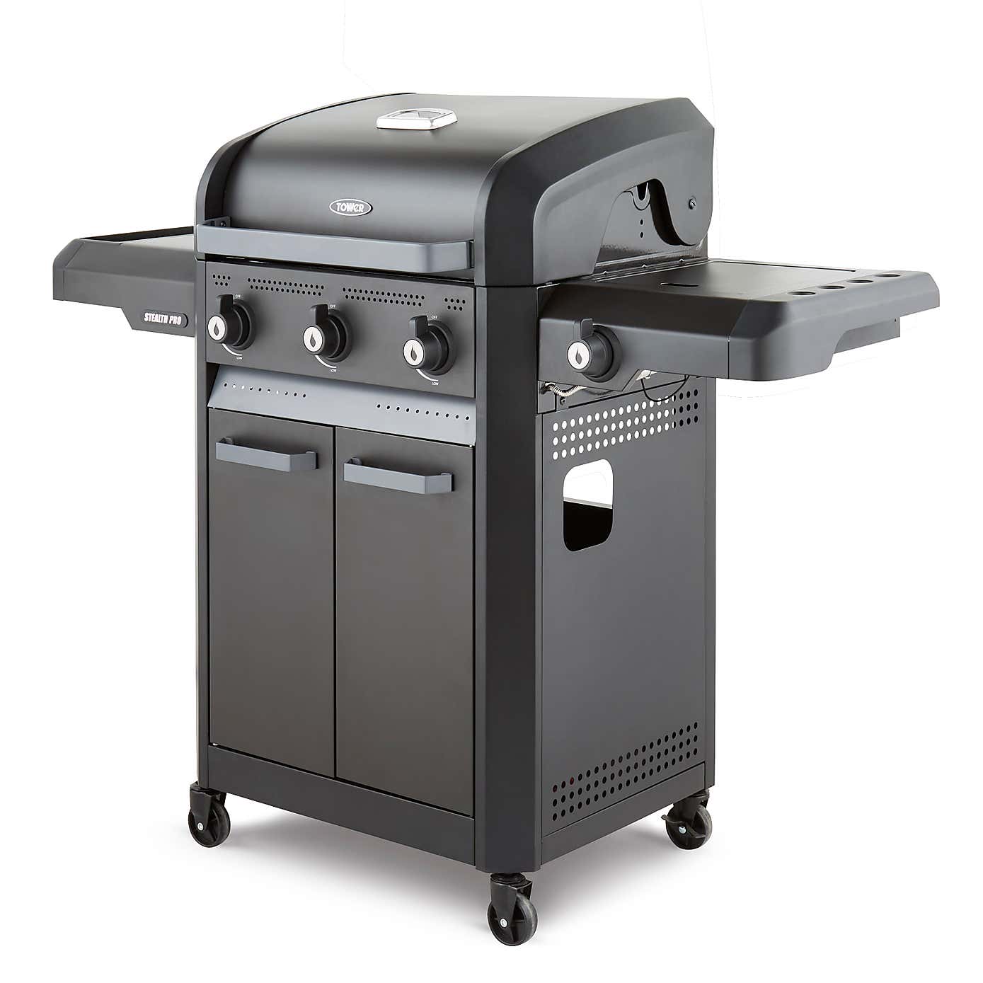 Tower Stealth Pro Four Burner Gas BBQ with Rotisserie, Black Steel