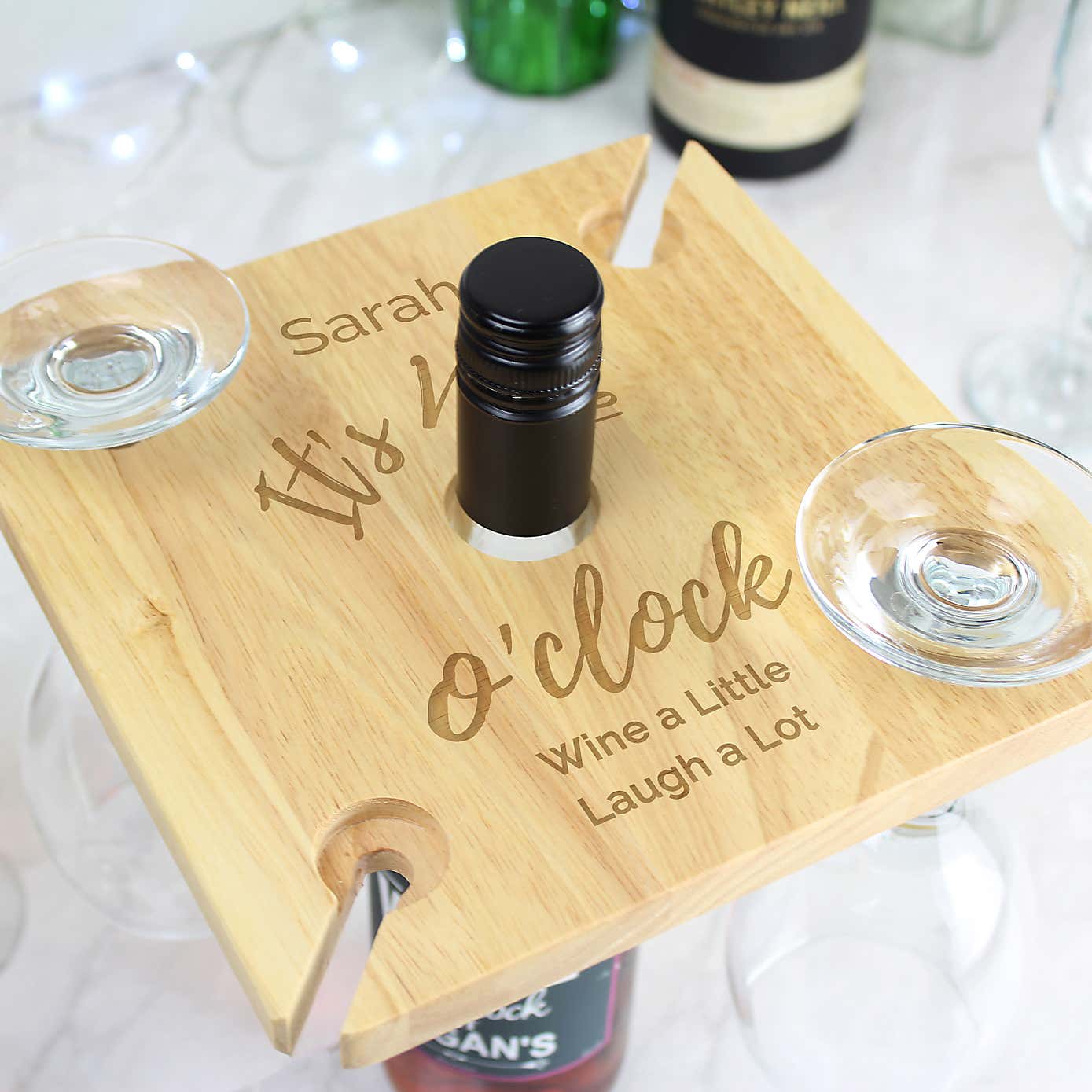 Personalised Wine Oclock Wooden Four Wine Glasses and Bottle Holder