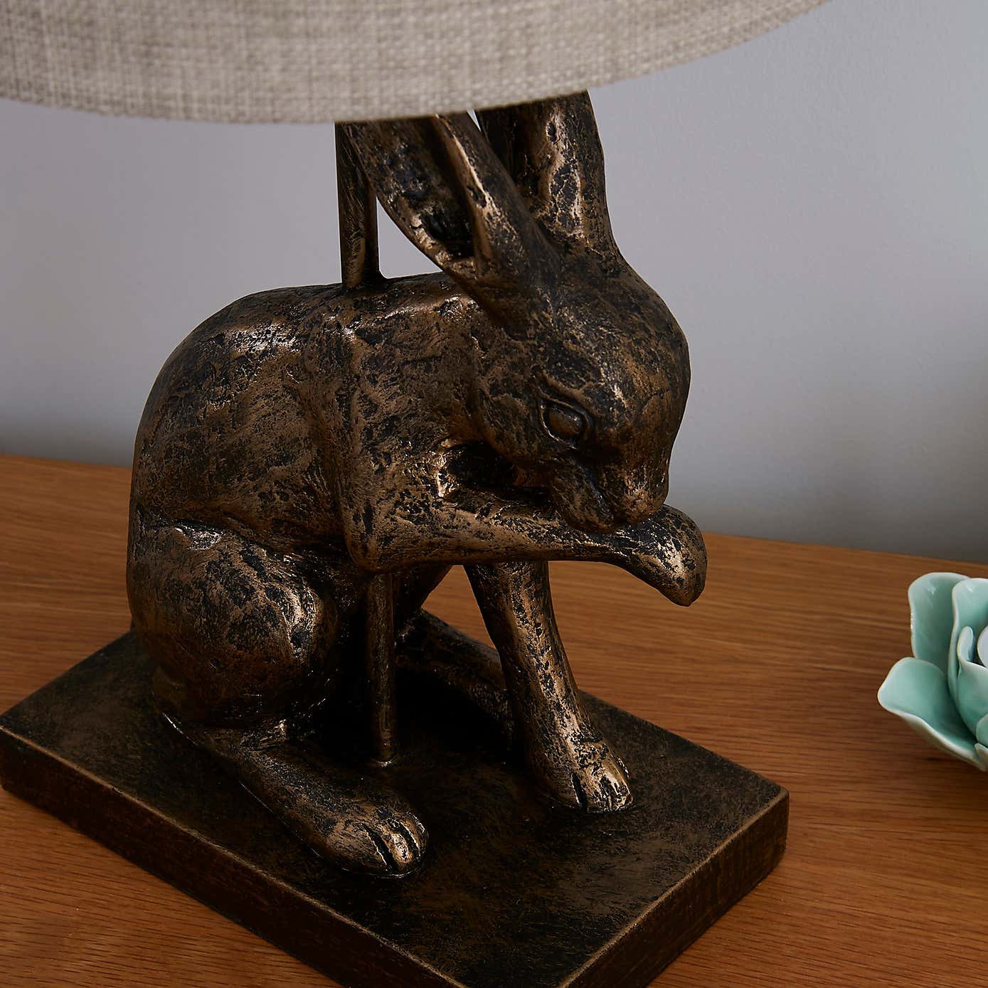 Hare Licking Paw Antique Brass Table Lamp