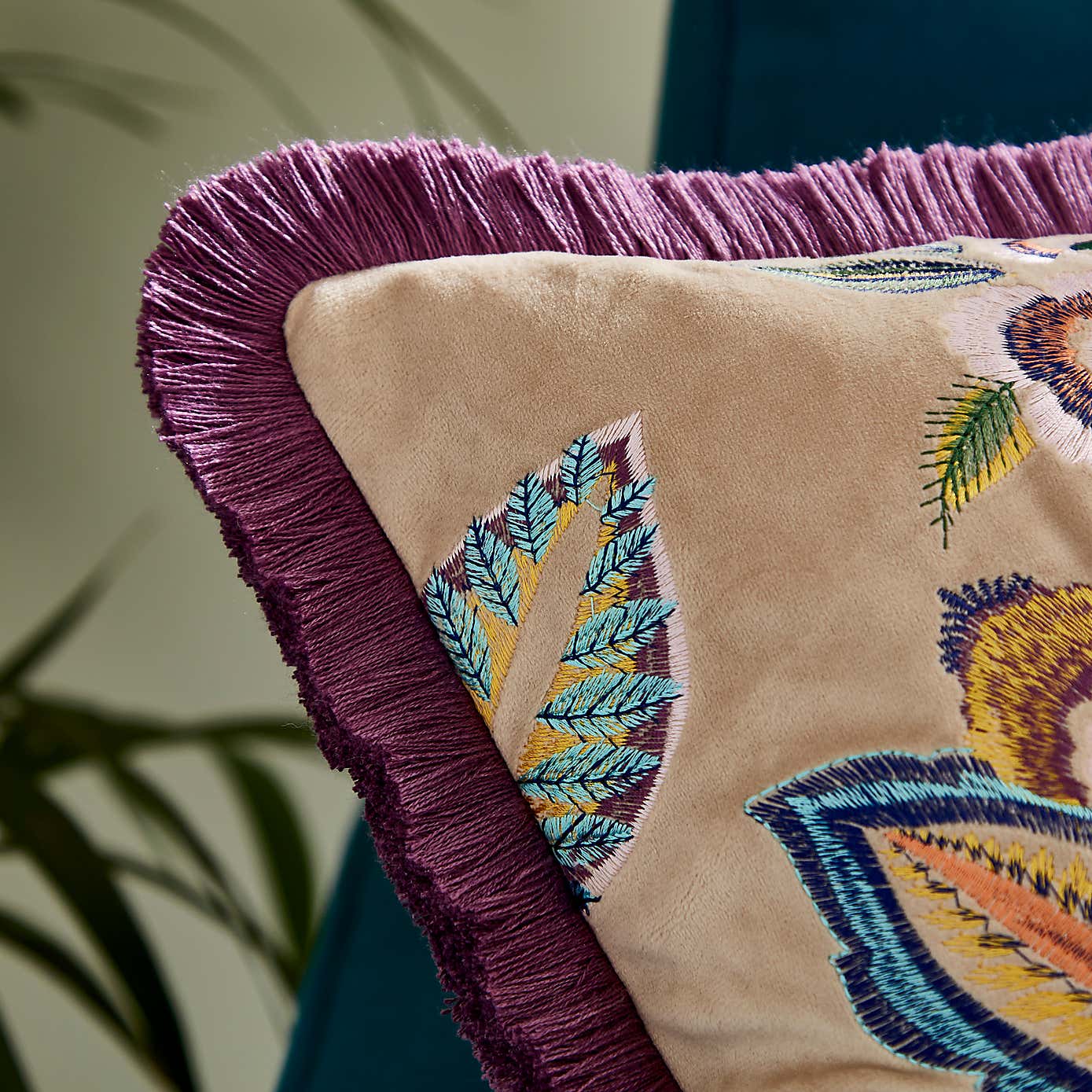 Lucinda Embriodered Fringed Square Cushion