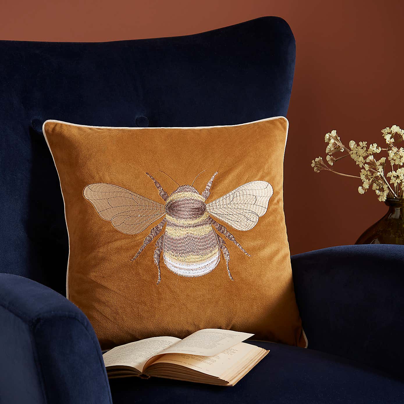Embroidered Bee Square Cushion