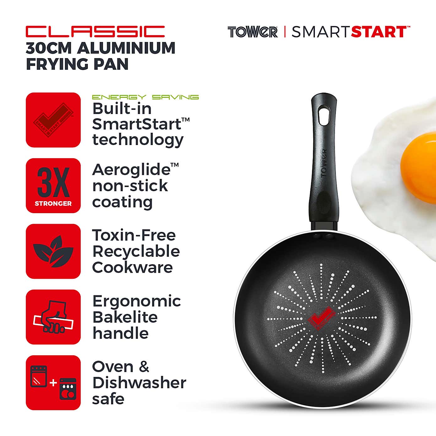 Tower Smart Start Classic Non-Stick Aluminium Frying Pan, 30cm