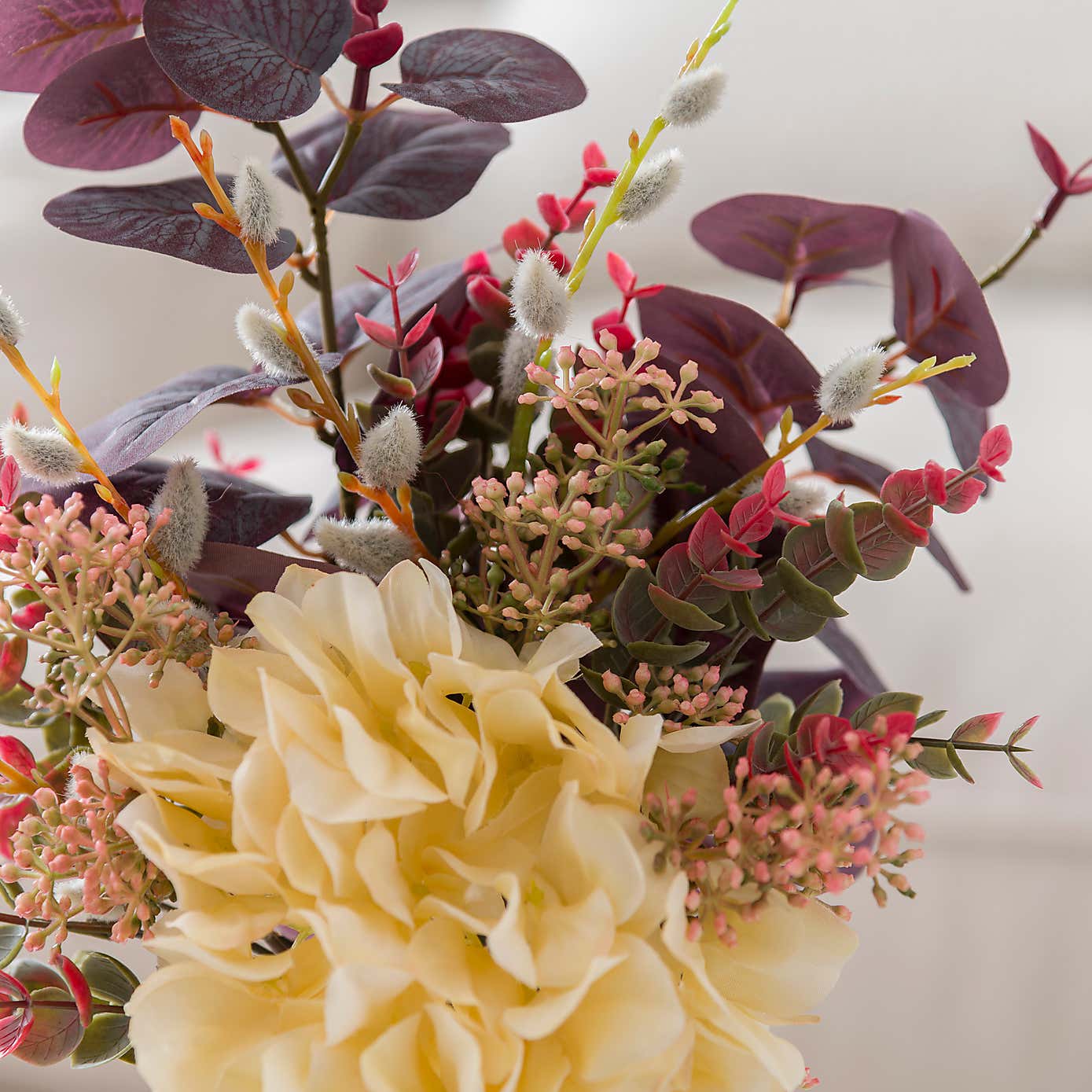Artificial Hydrangea & Foliage Bouquet in Textured White Floral Vase