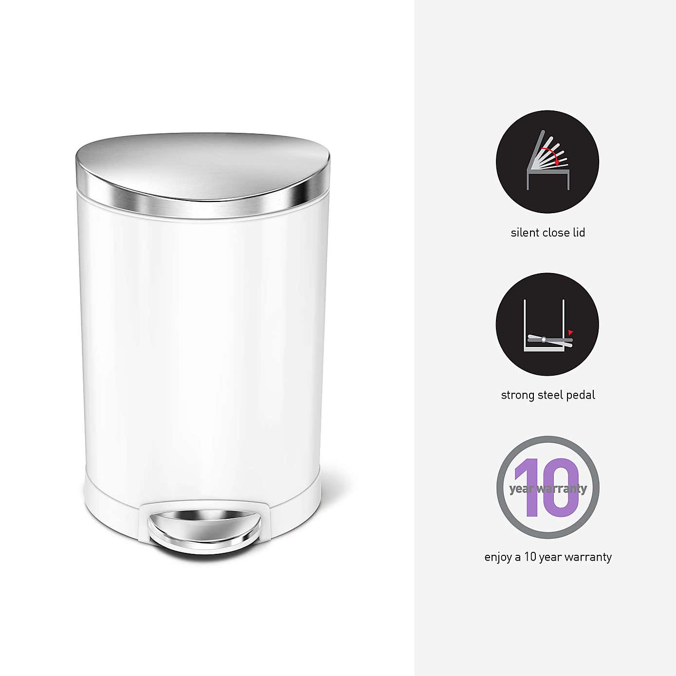 simplehuman White 6 Litre Semi Round Bin