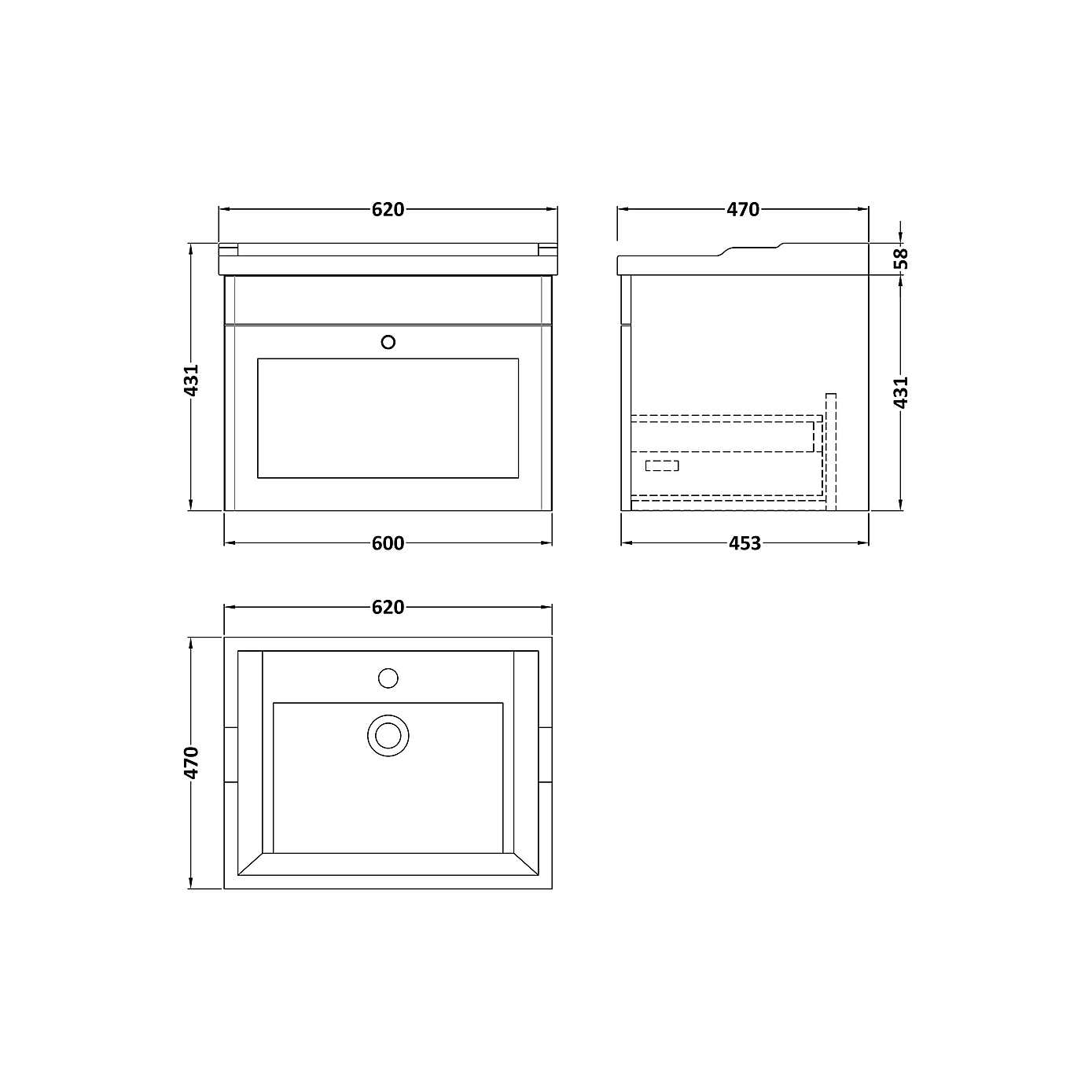 Classique Wall Mounted 1 Drawer Vanity Unit with Ceramic Basin