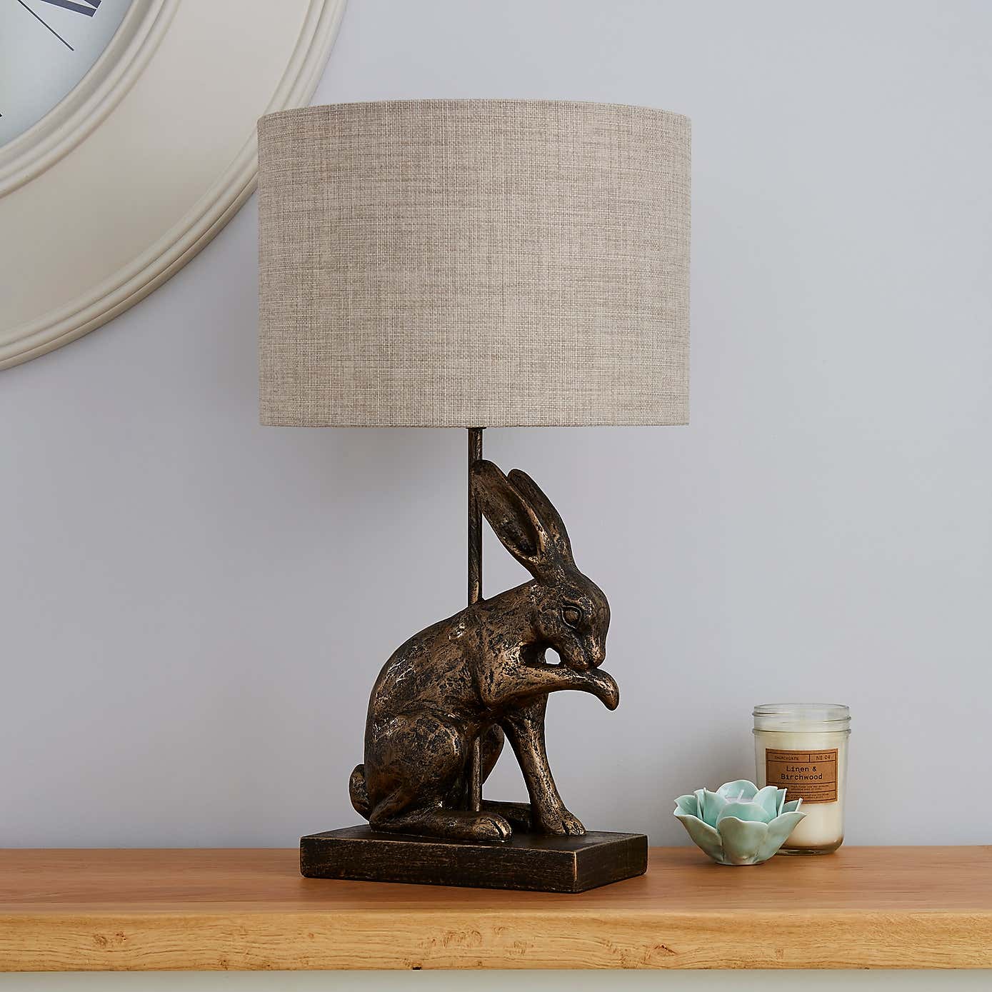 Hare Licking Paw Antique Brass Table Lamp