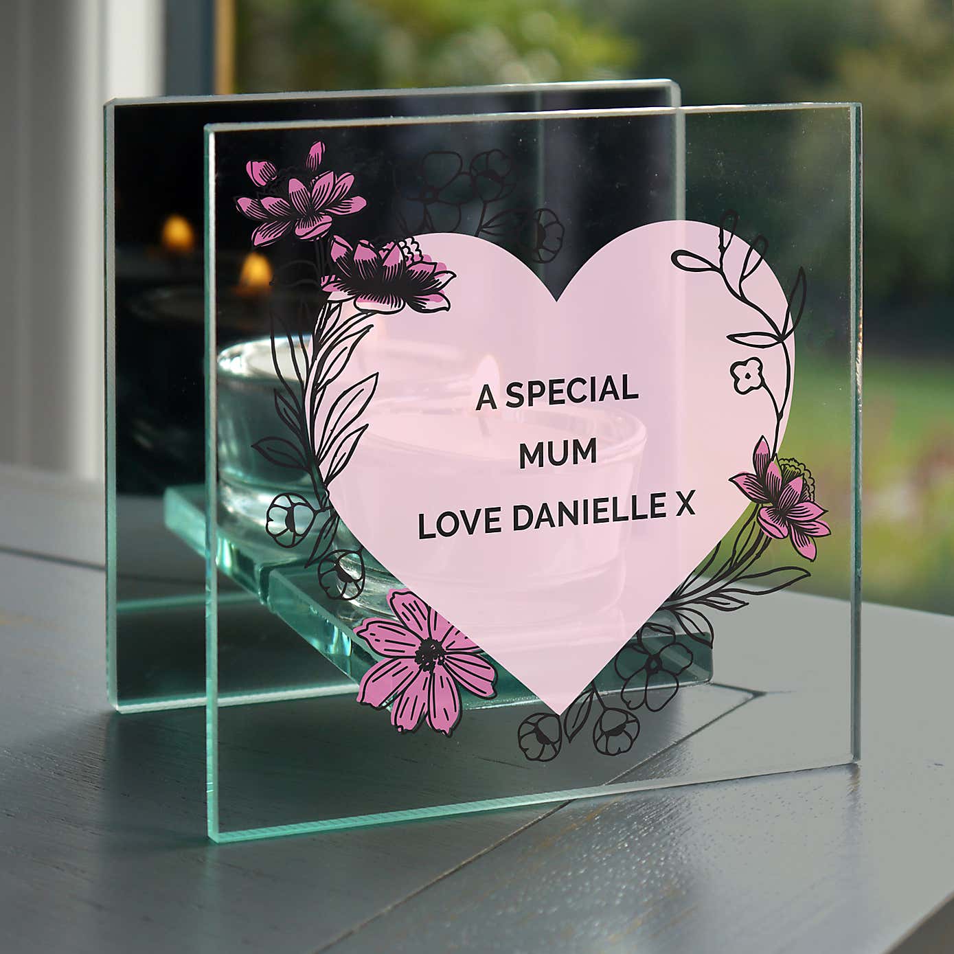 Personalised Pink Heart Glass Tea Light Holder