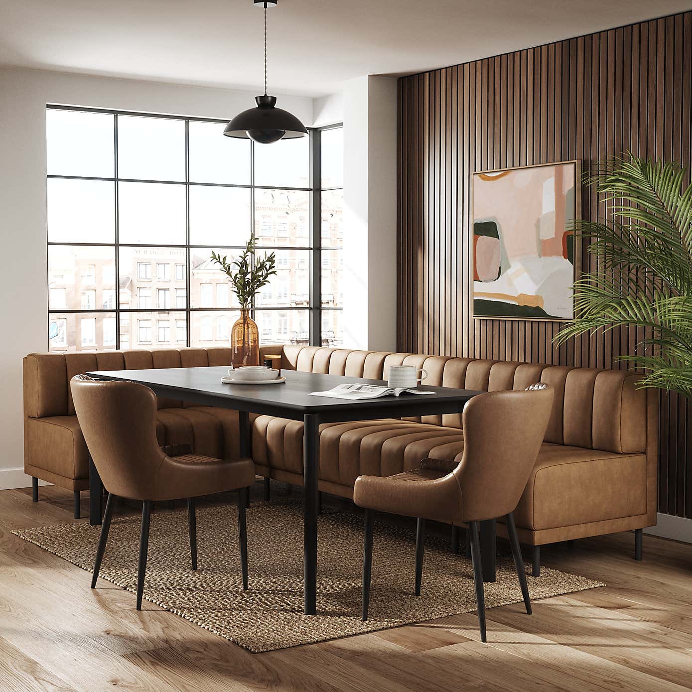 Amali Faux Leather Right Hand Dining Bench Tan Bundle