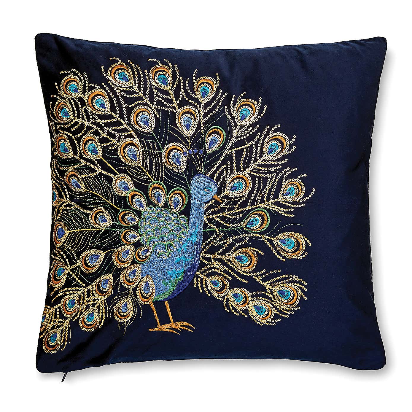 Navy Embroidered Peacock Cushion