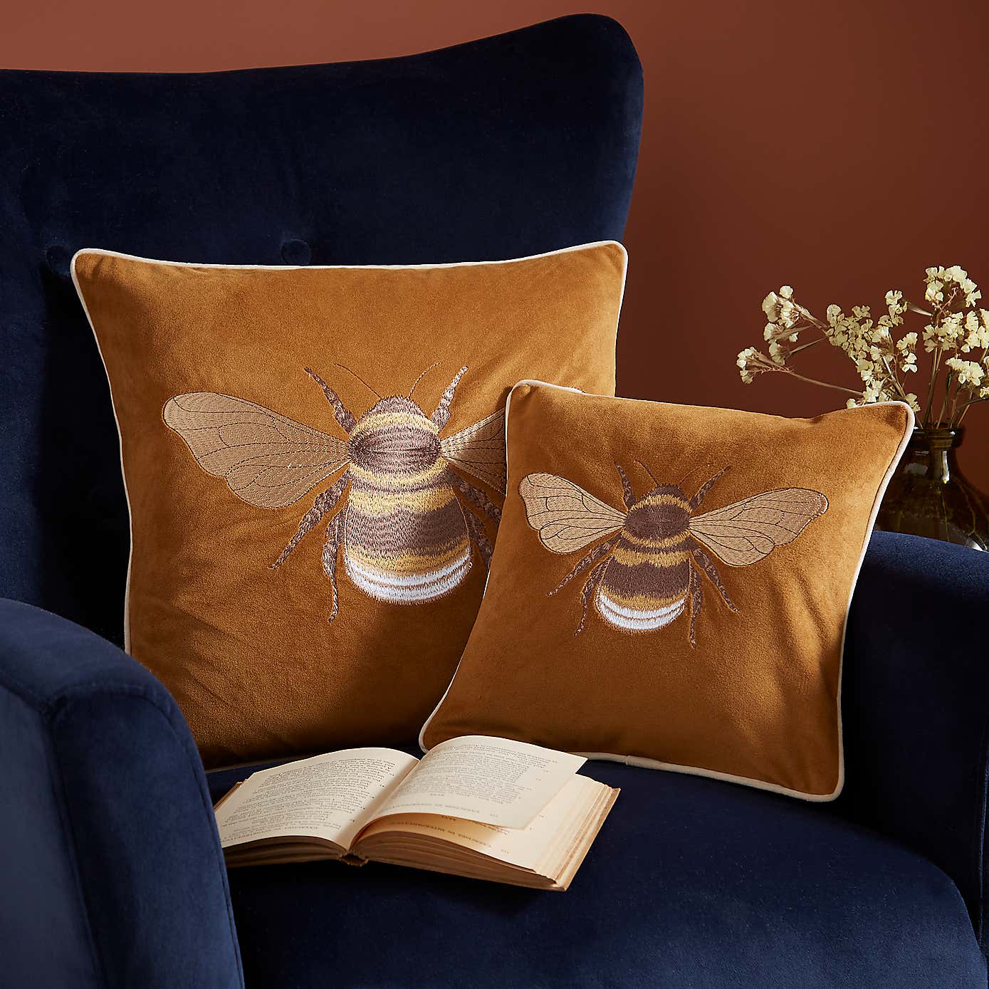 Embroidered Bee Square Cushion