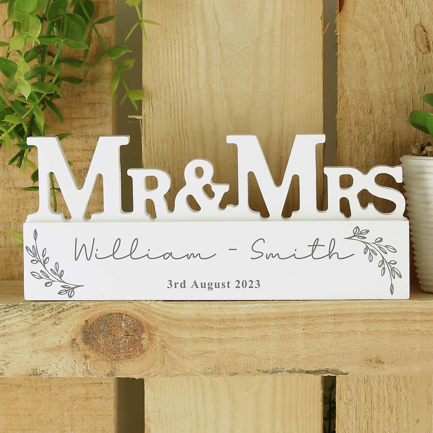 Personalised Leaf Wooden Mr and Mrs Ornament