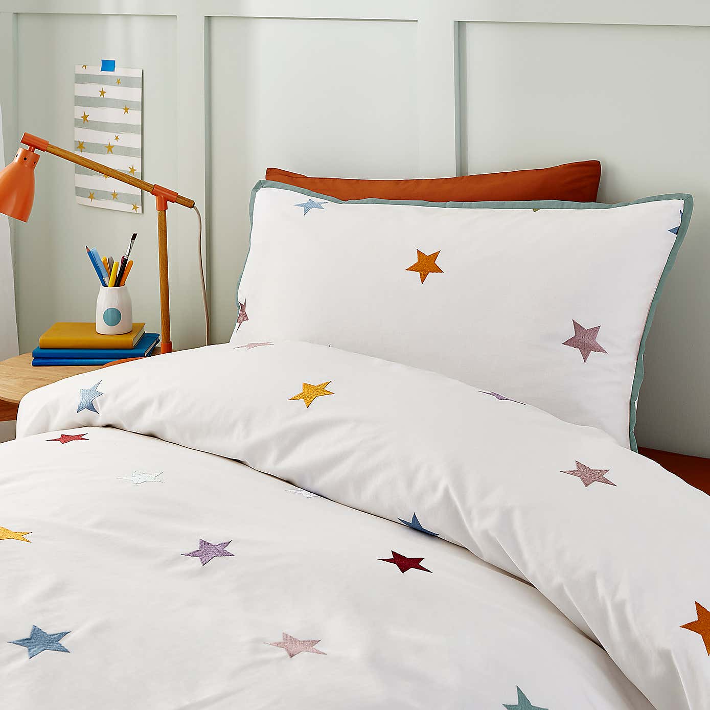 Embroidered Stars Single Duvet Cover and Pillowcase Set