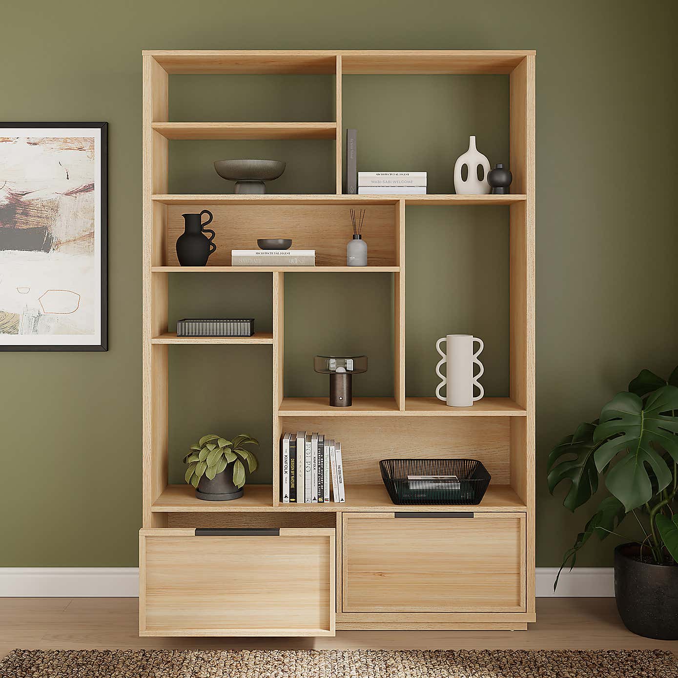Hardy Wide Bookcase with 2 Drawers, Oak Effect