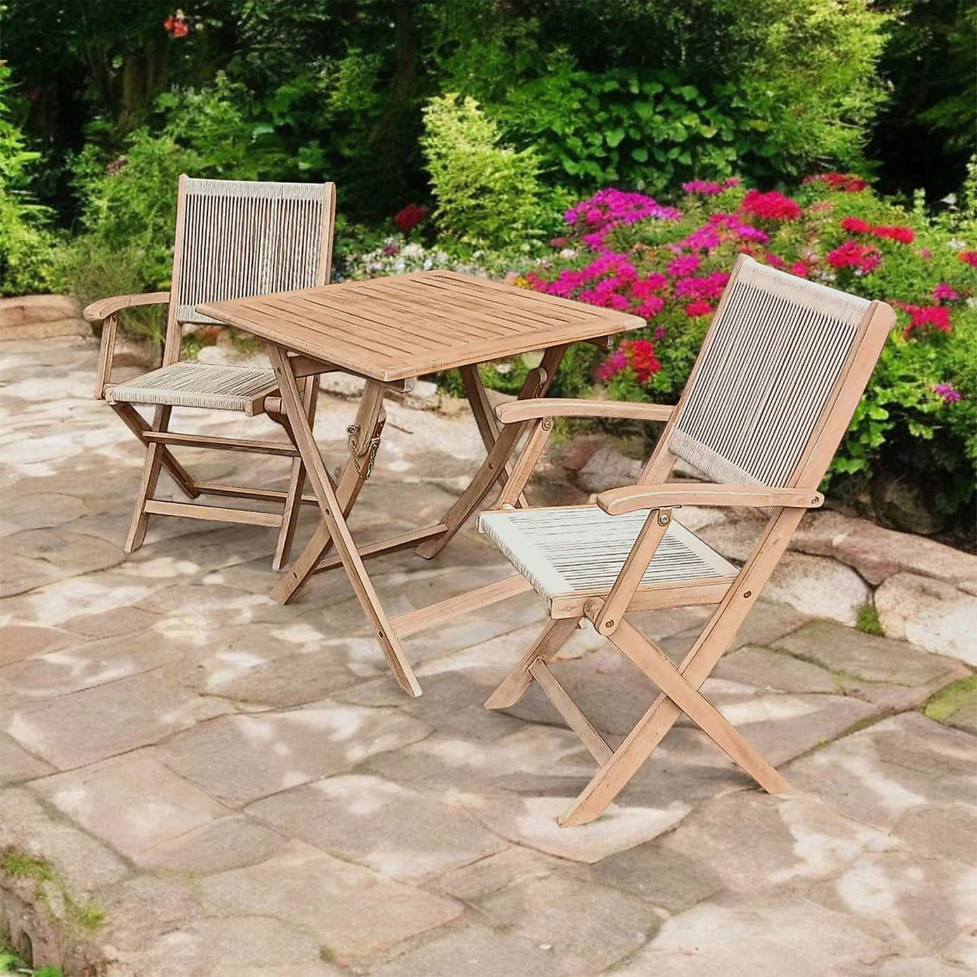 A.Mir London Square Folding Outdoor Bistro Set with 2 Rope Chairs