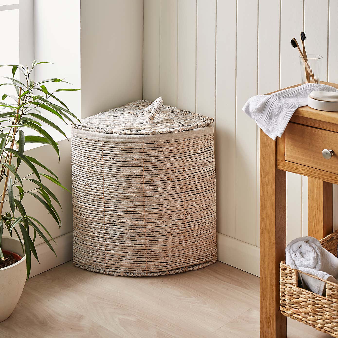 White Wash Wicker Corner Laundry Basket