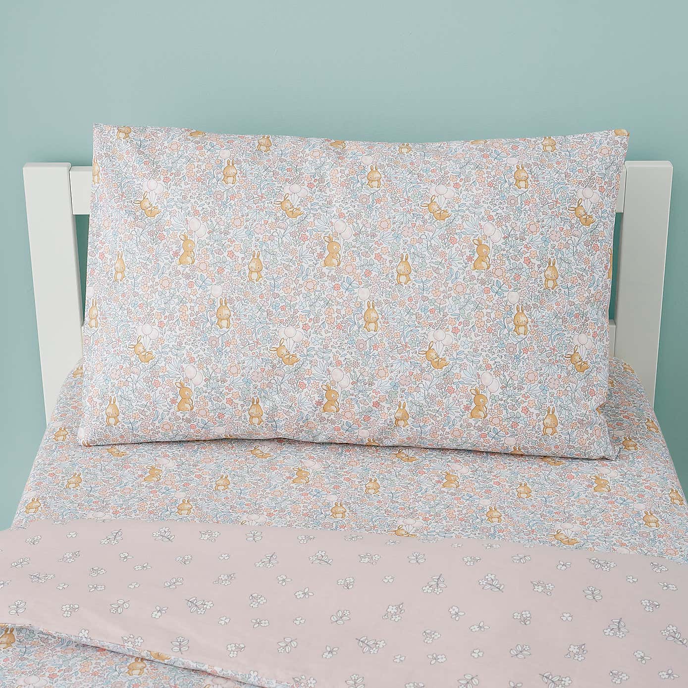 Ditsy Bunny Pink 100% Cotton Reversible Cot Bed Duvet Cover and Pillowcase Set