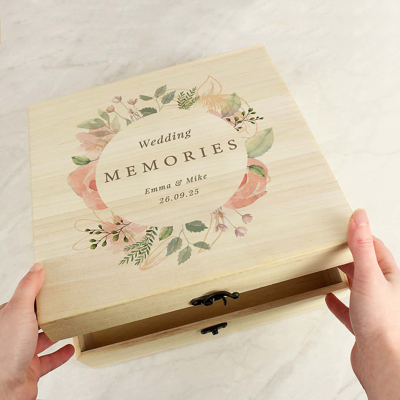 Personalised Floral Watercolour Wooden Keepsake Box
