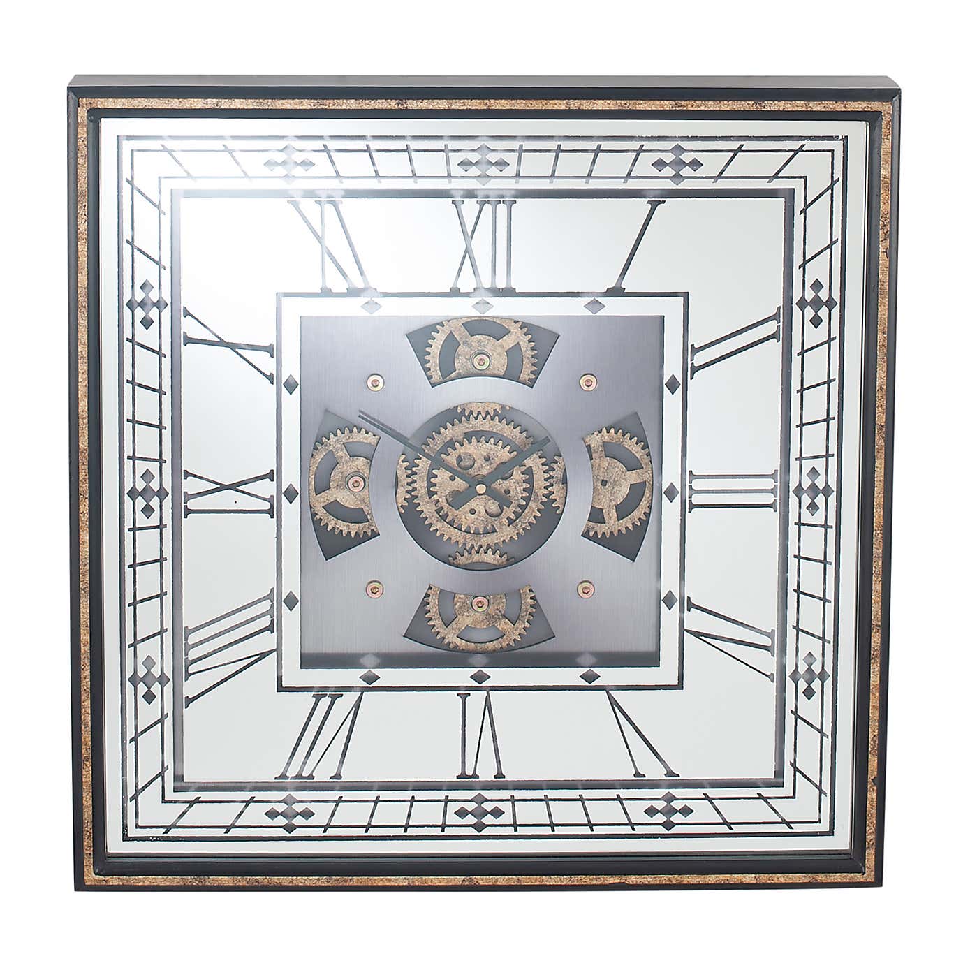 Antique Gold Wood & Mirror Square Working Cog Wall Clock 60cm