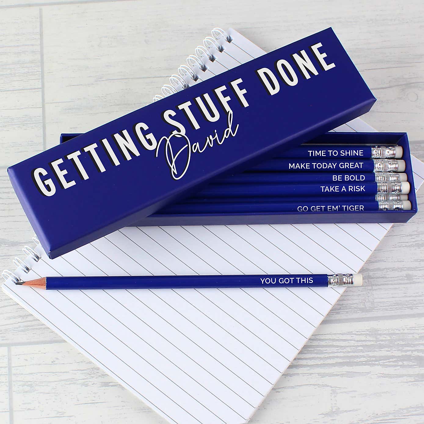 Personalised Getting Stuff Done Box and 12 Blue HB pencils