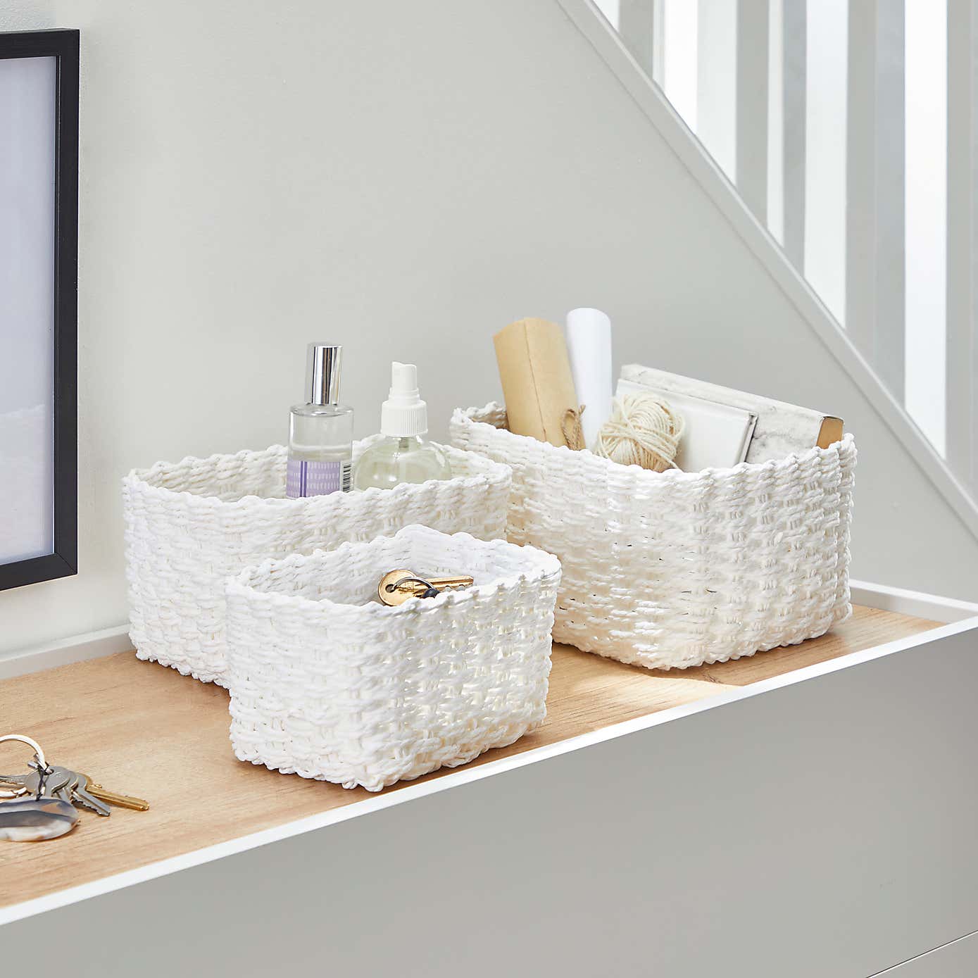 Set of 3 Paper Rope White Storage Baskets