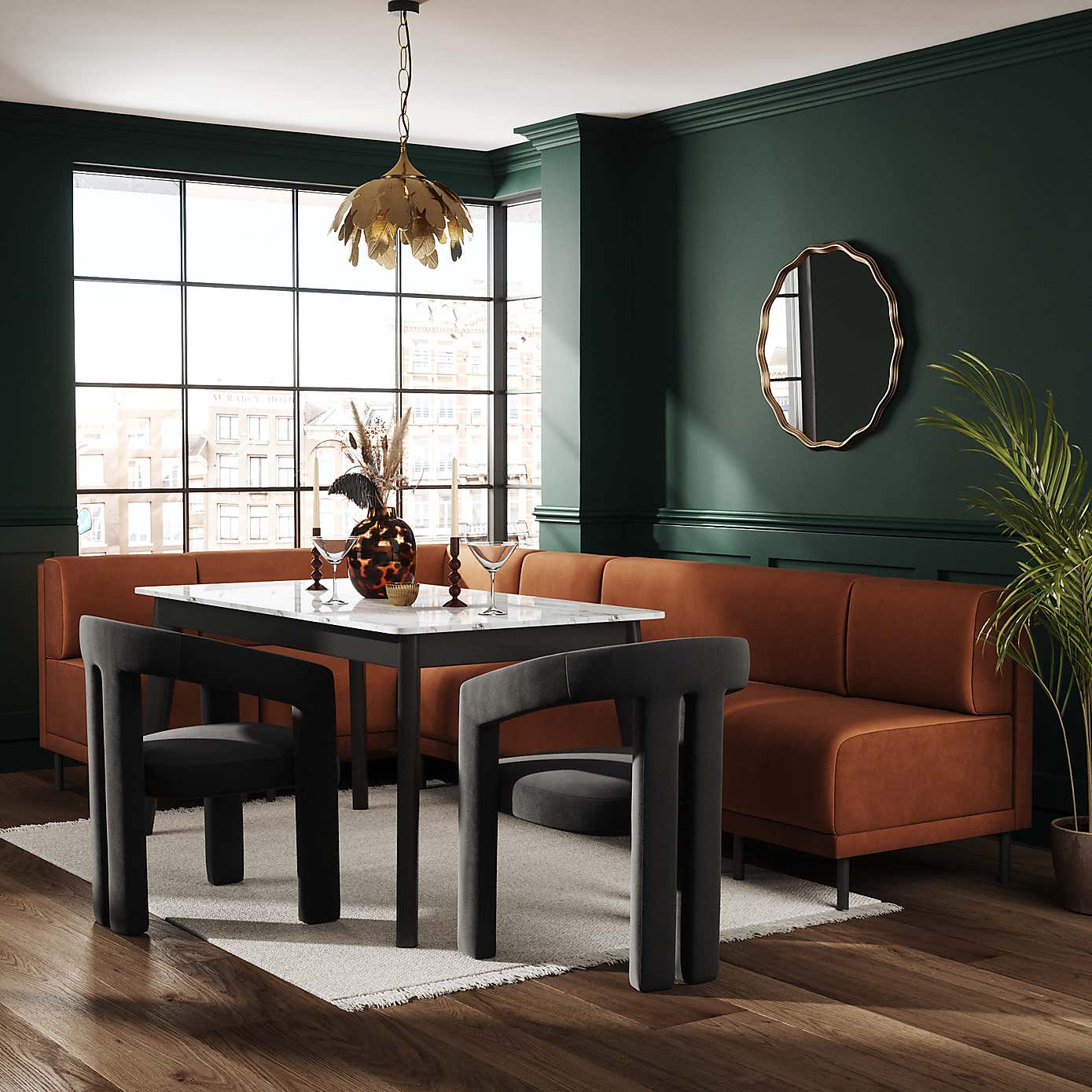 Mae Matte Plush Velvet Right Hand Dining Bench Orange Bundle