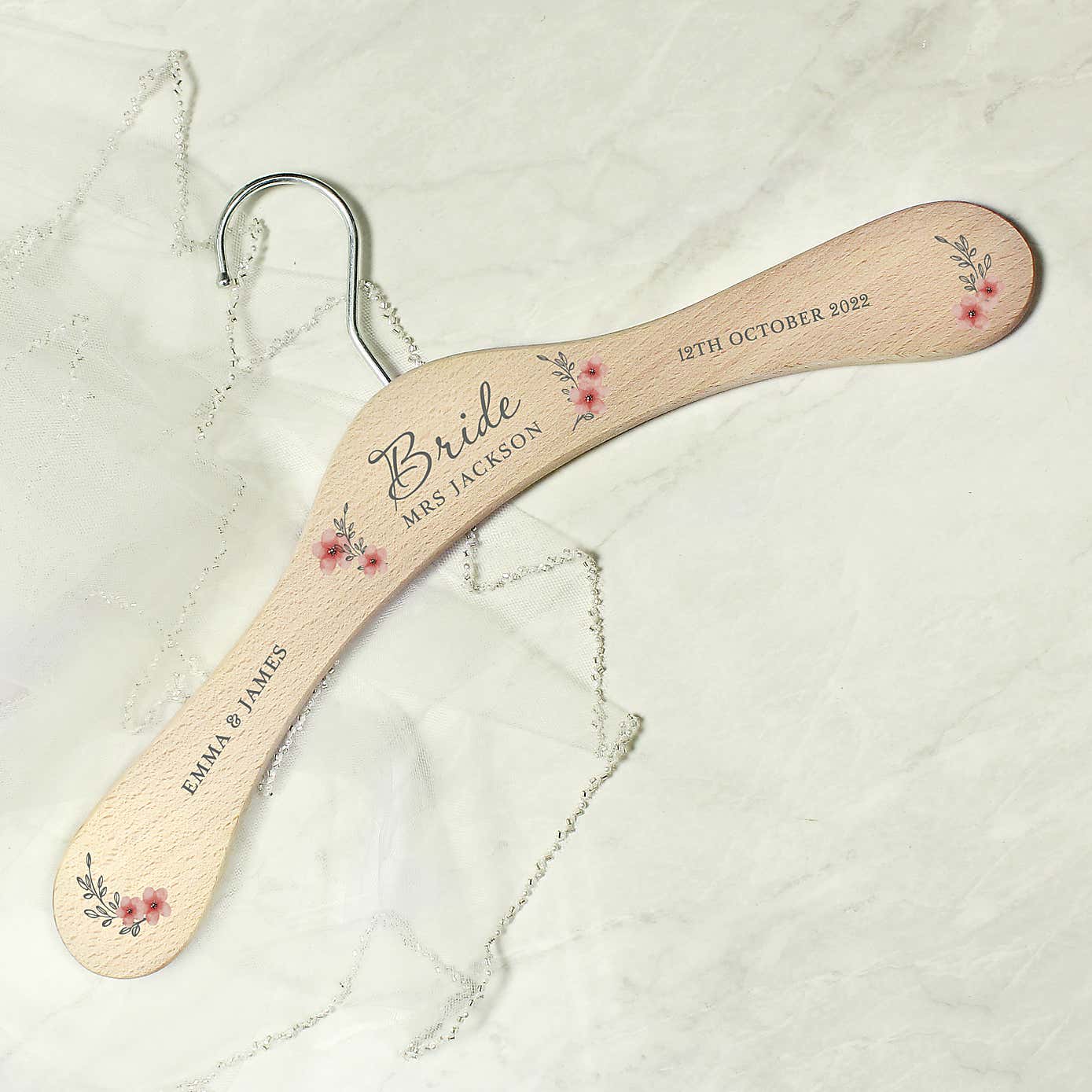 Personalised Pink Floral Wooden Coat Hanger