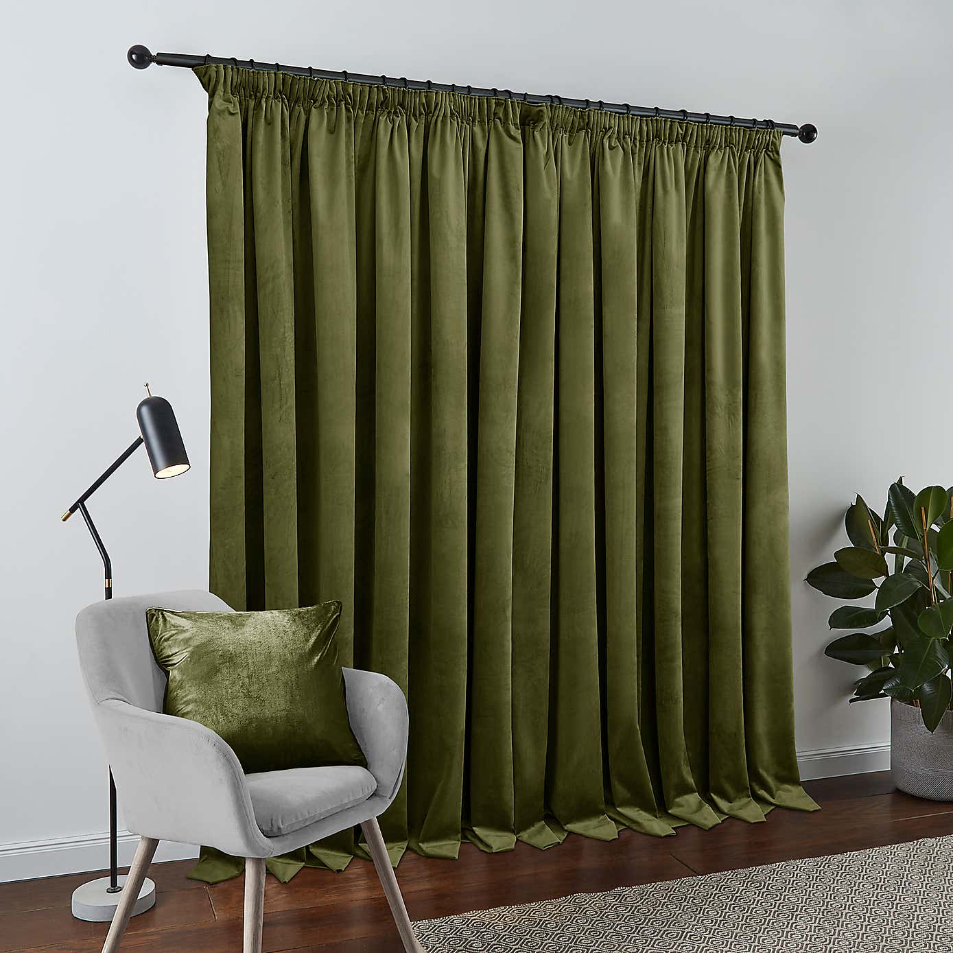 Recycled Velour Olive Pencil Pleat Curtains