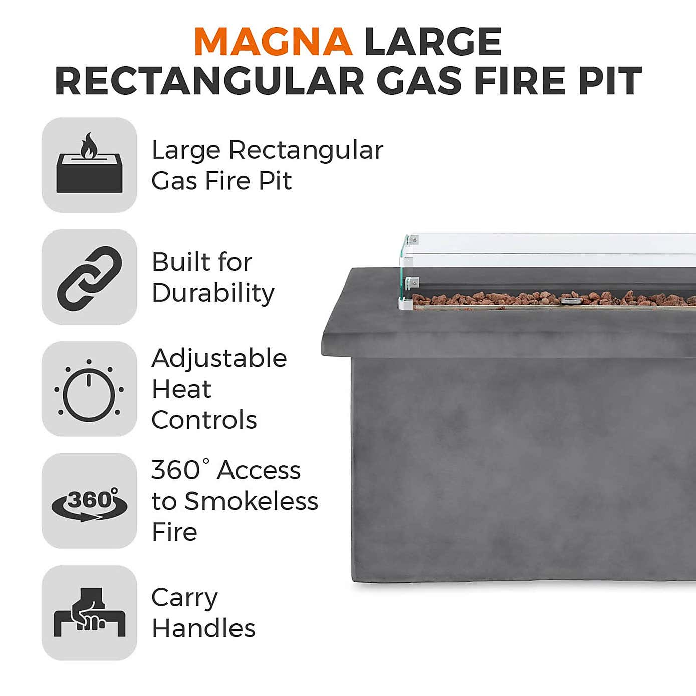 Tower Magna H60cm Rectangular Gas Fire Pit, Grey