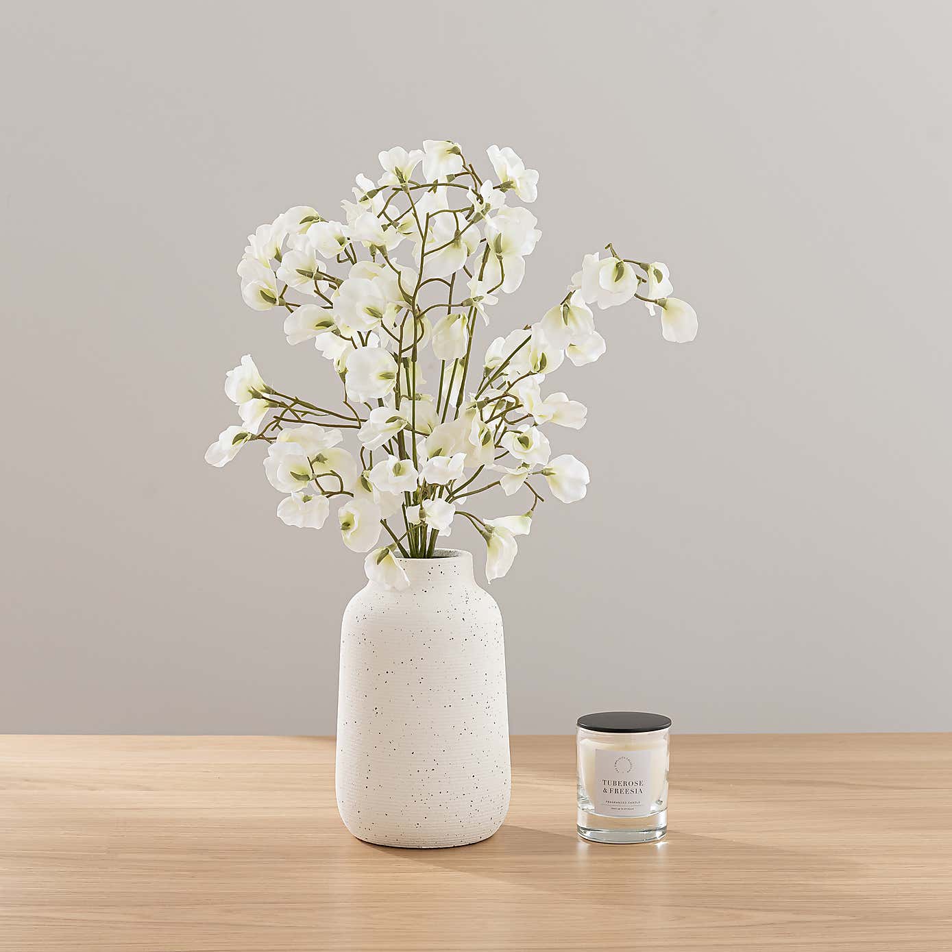 Sweetpea Arrangement in Textured Ceramic Vase with Tuberose & Freesia Candle