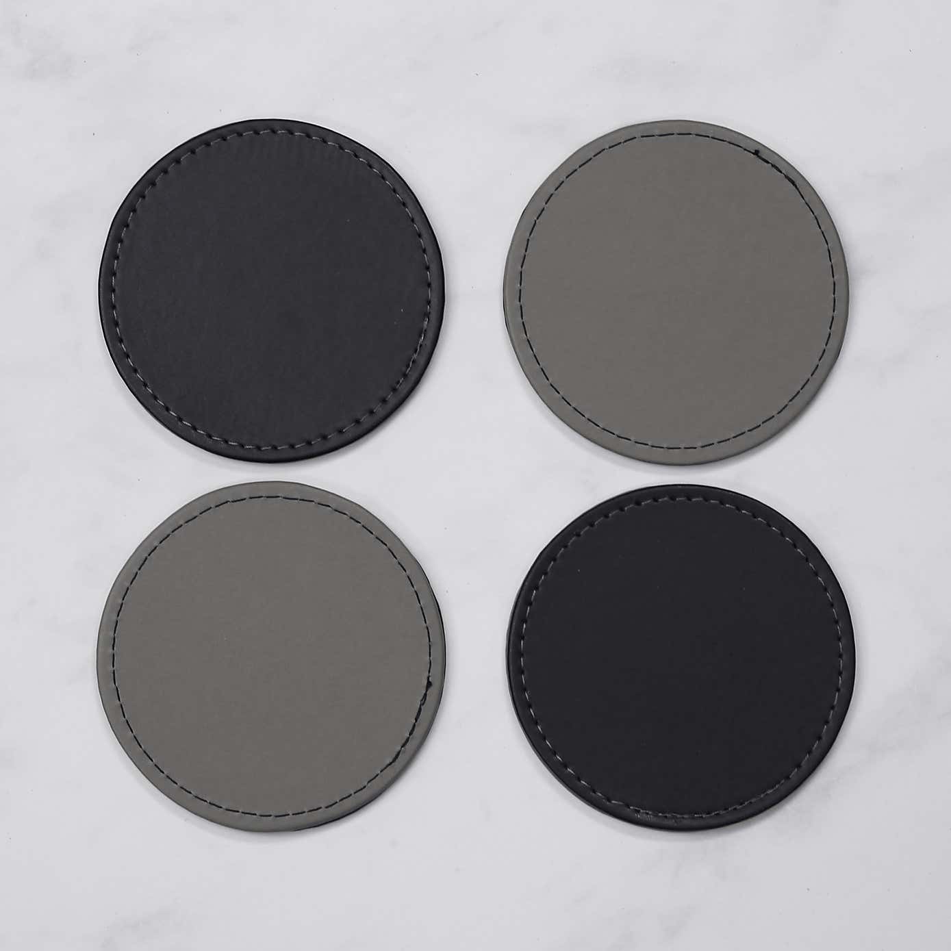 Set of 4 Black & Grey Faux Leather Reversible Round Coasters