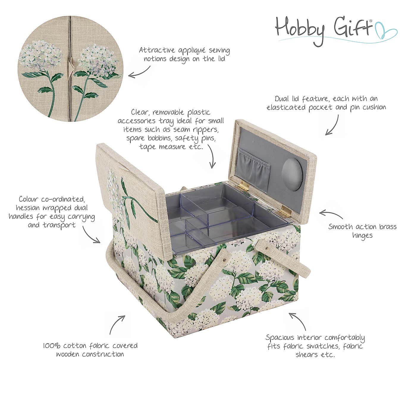 Hobby Gift Hydrangea Large Square TwinLid Sewing Basket