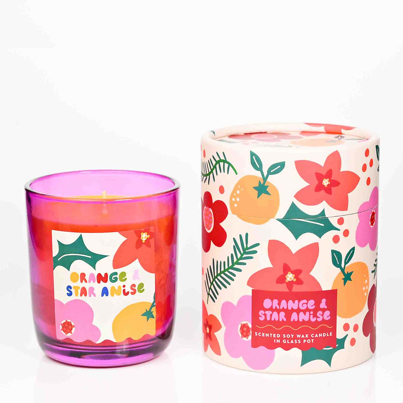 Raspberry Blossom Orange & Star Anise Pink Glass Candle