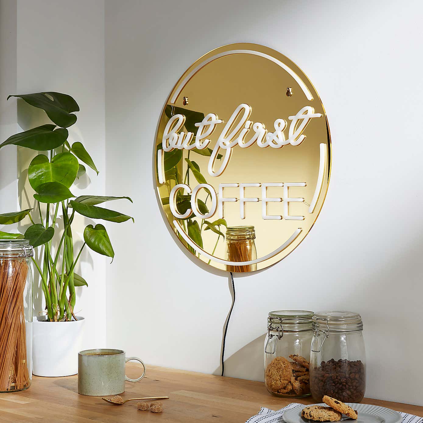 'But First Coffee' Indoor Outdoor Mirrored Neon Sign