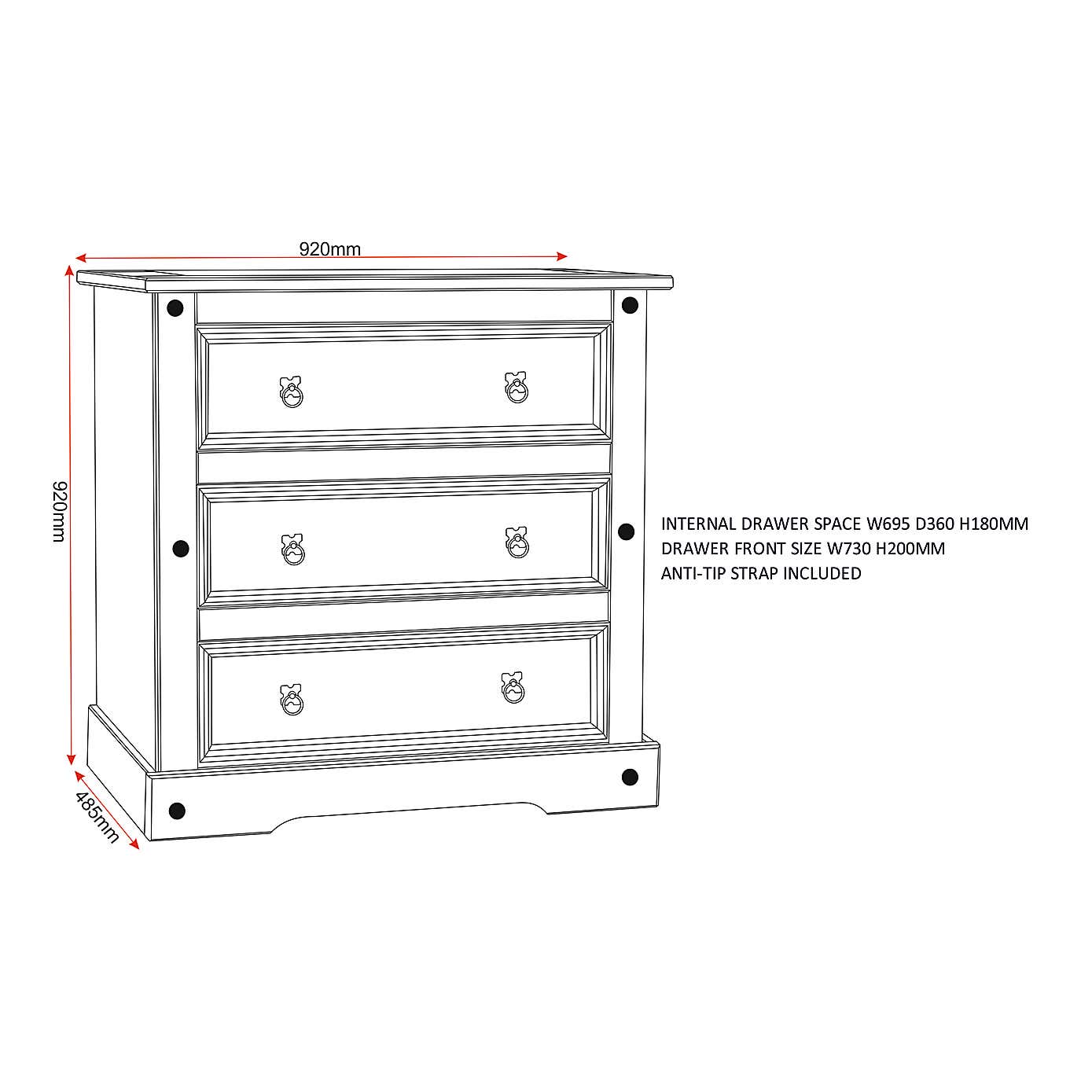 Corona Pine 3 Drawer Chest