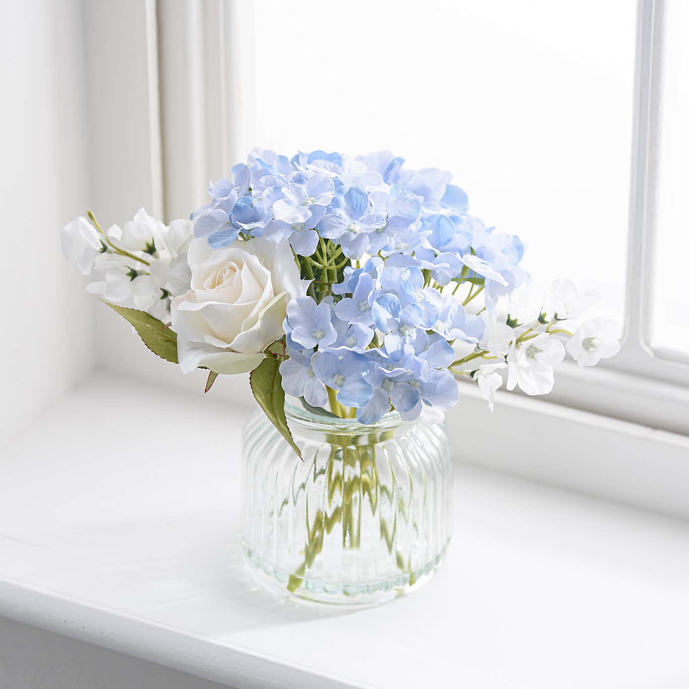 Artificial Hydrangea and Rose Bouquet in Ribbed Glass Vase