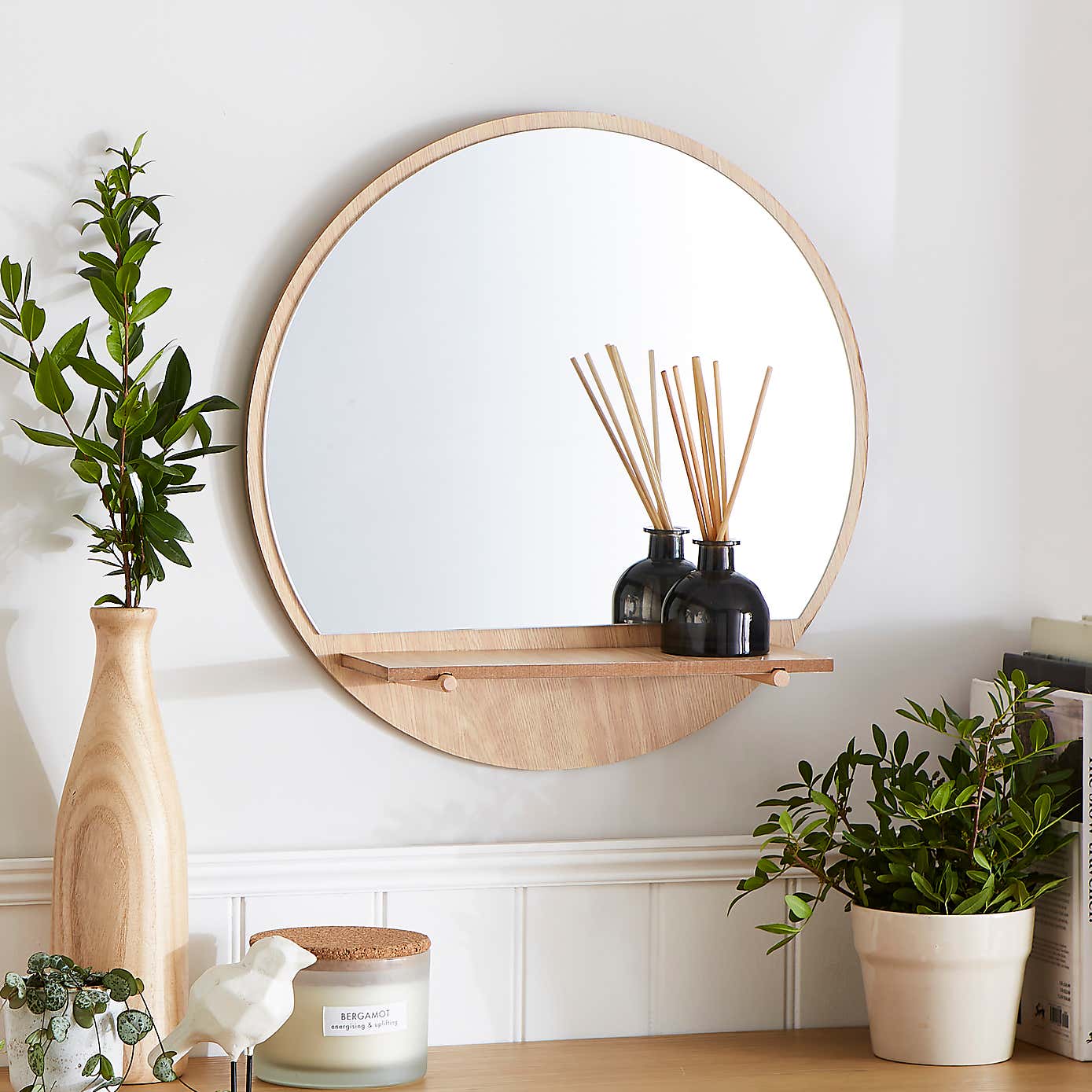 Wooden Round Wall Mirror with Shelf