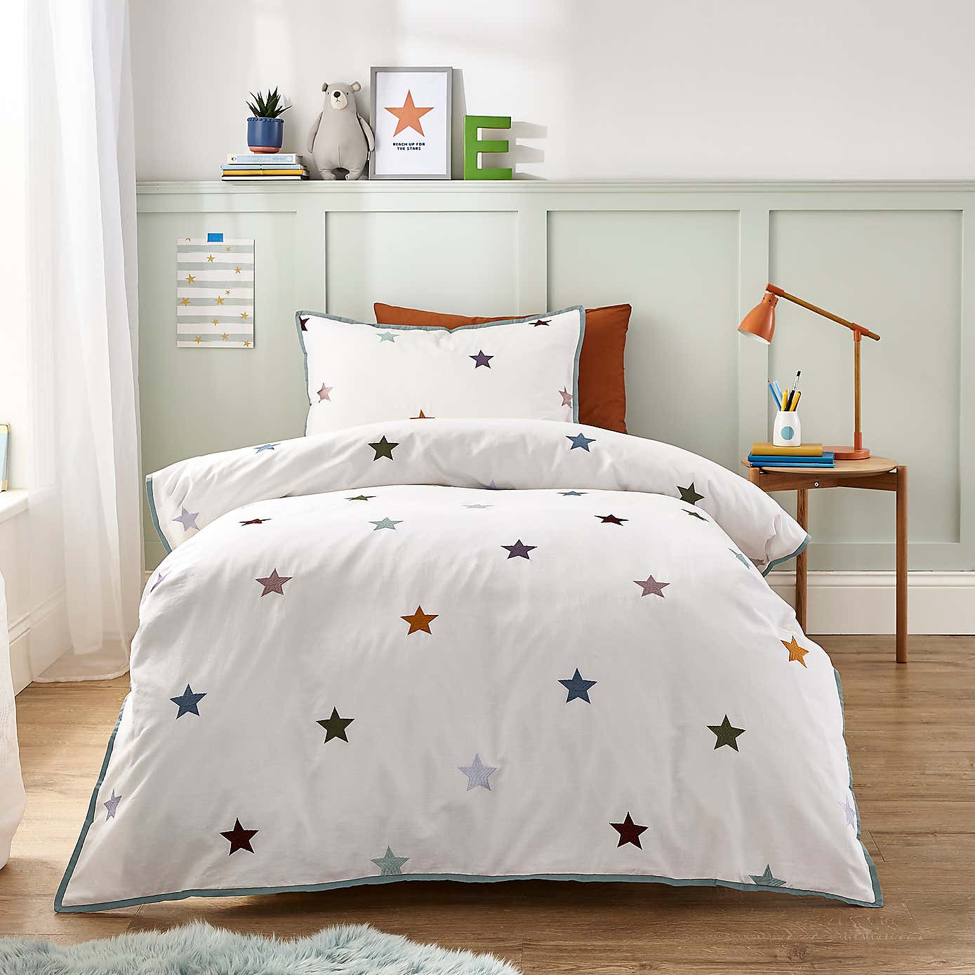 Embroidered Stars Single Duvet Cover and Pillowcase Set