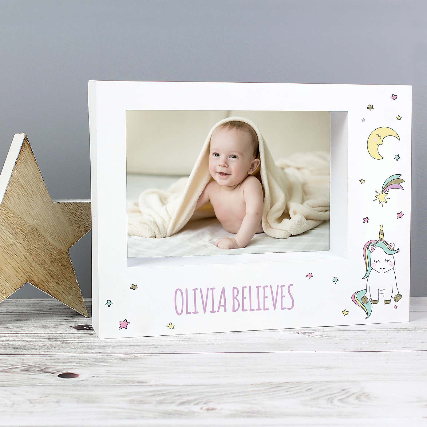 Personalised Baby Unicorn Landscape Box Photo Frame