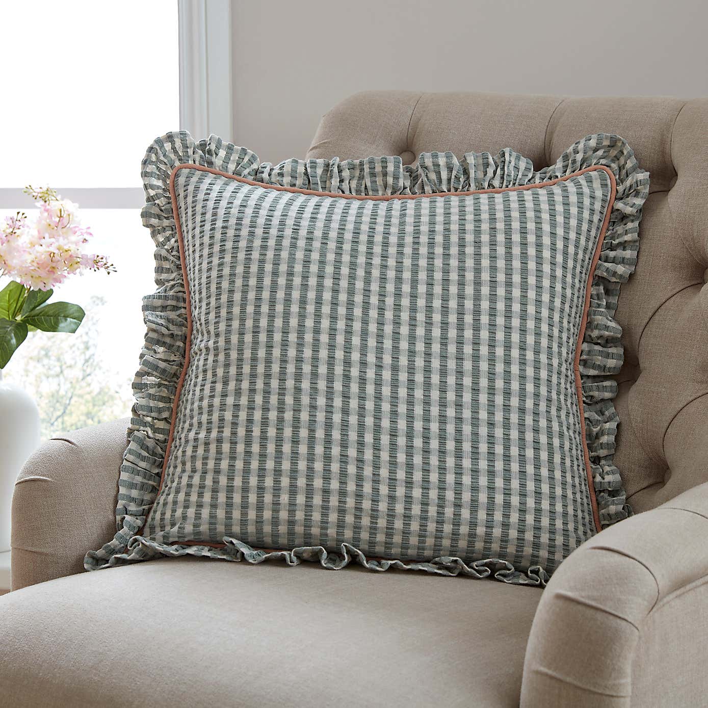 Seersucker Gingham Frill Cotton Square Cushion