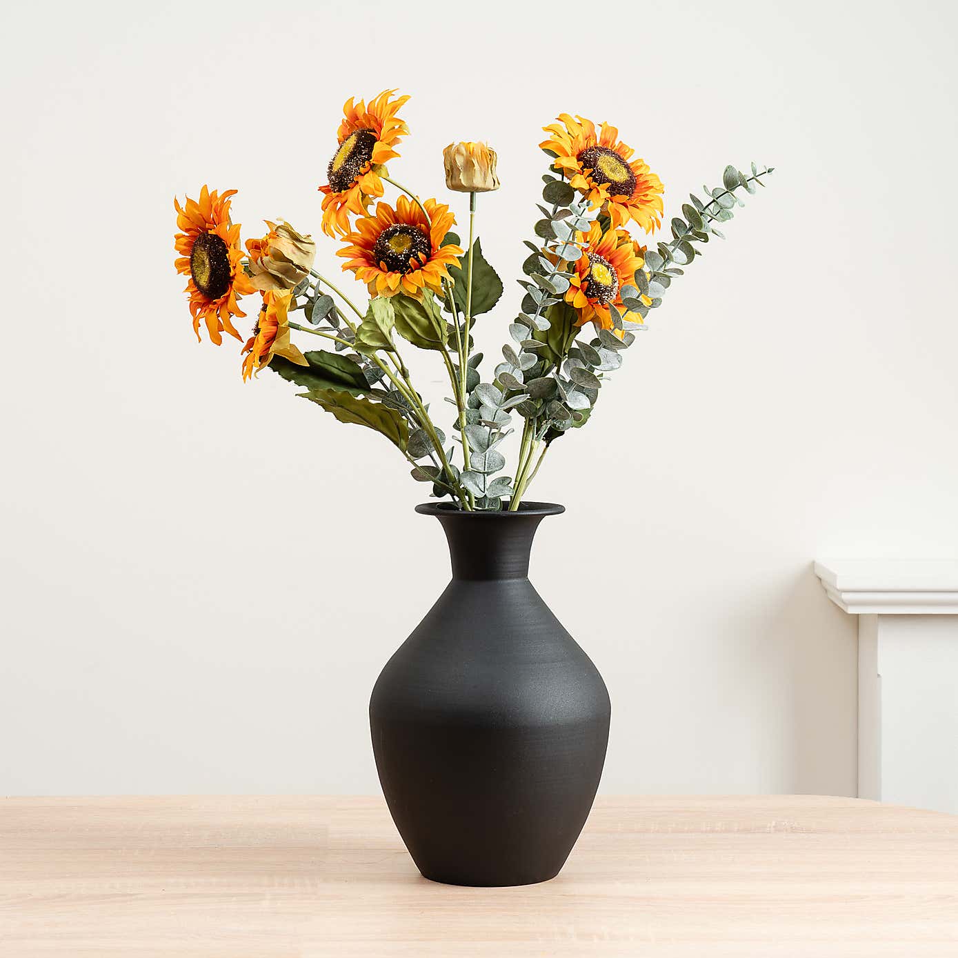 Artificial Sunflower Bouquet in Collared Black Vase