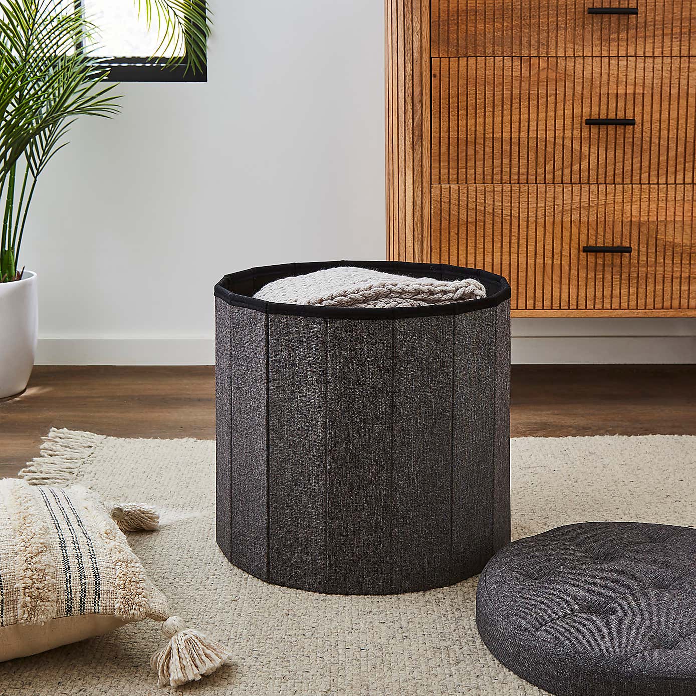 Round Grey Shoe Storage Ottoman