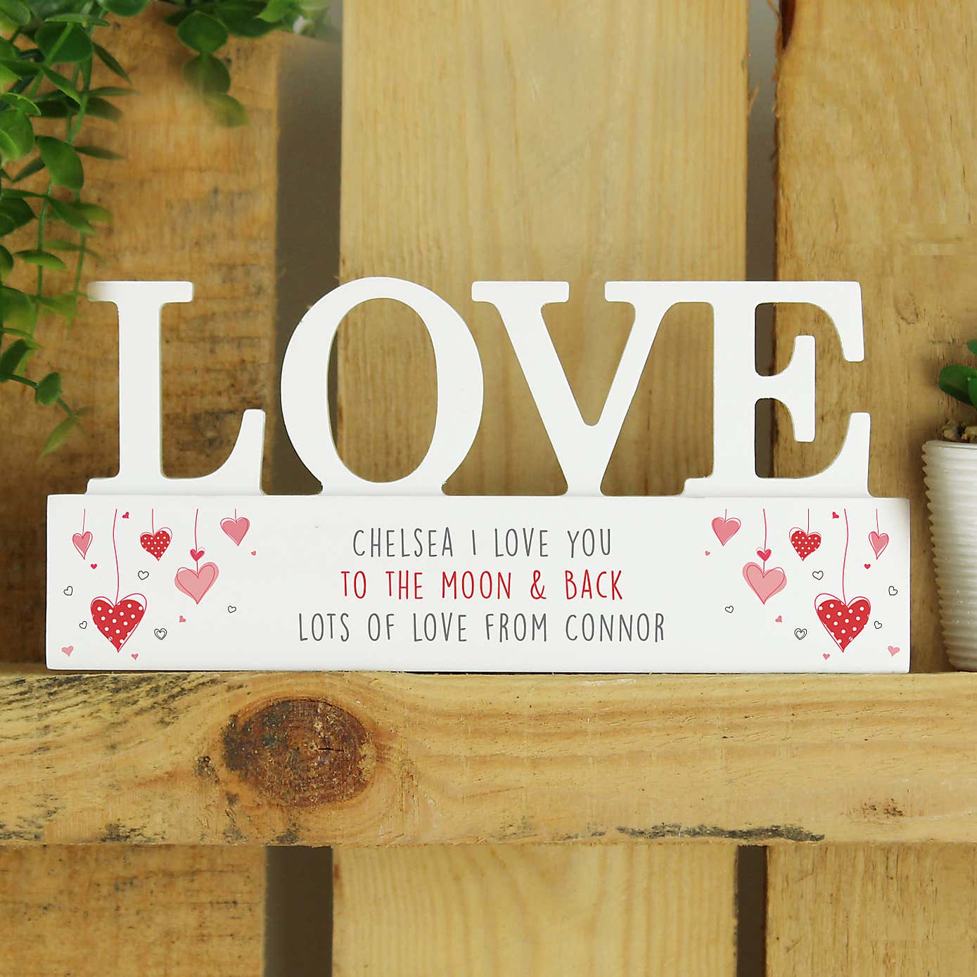 Personalised  Love Wooden Ornament with Red hearts design