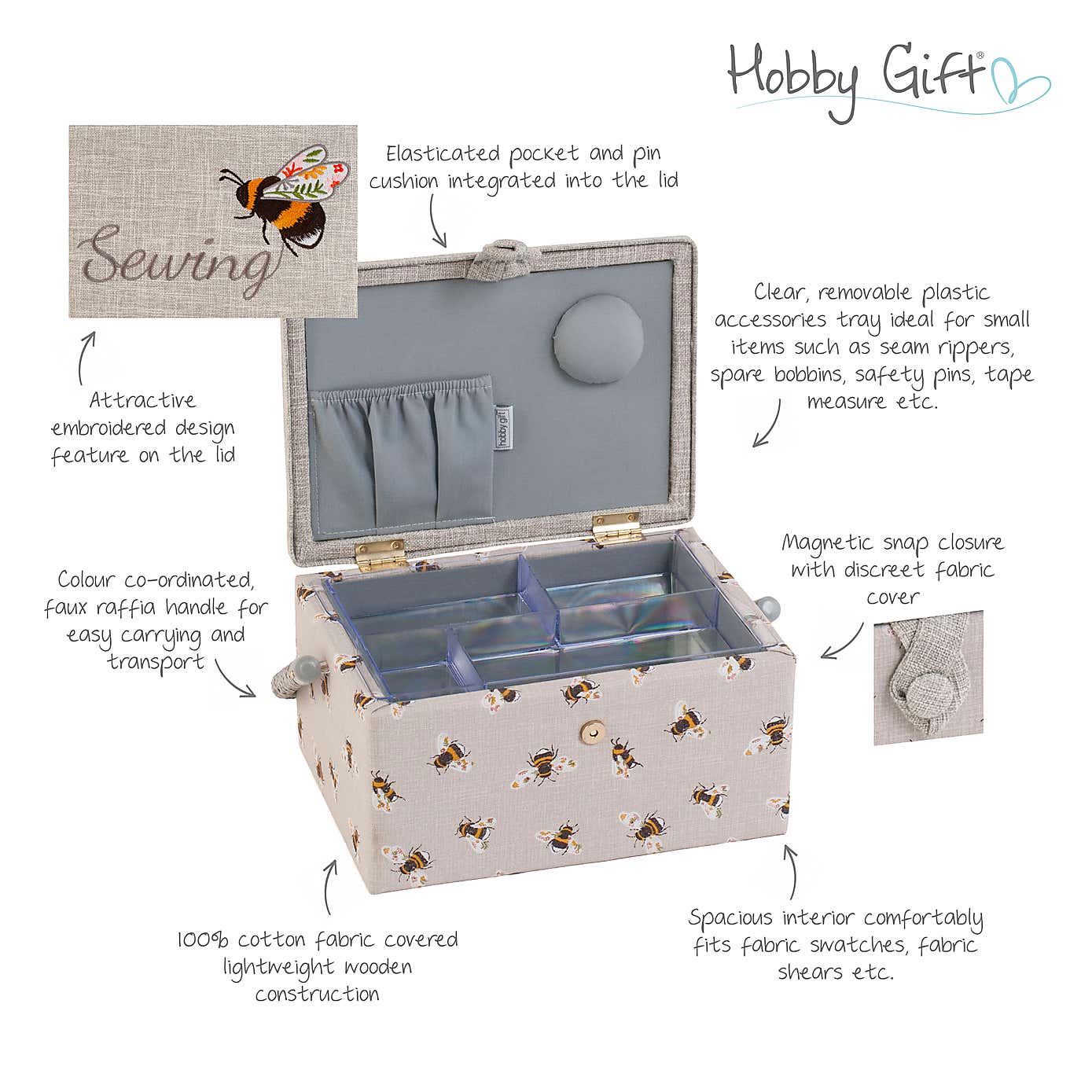 Hobby Gift Bee Medium Embroidered Sewing Basket