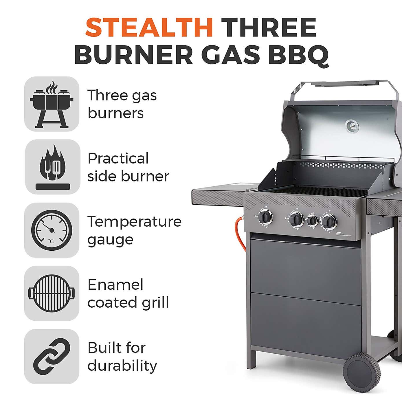 Tower Stealth 3000 Three Burner Gas BBQ with Side Burner, Grey Steel