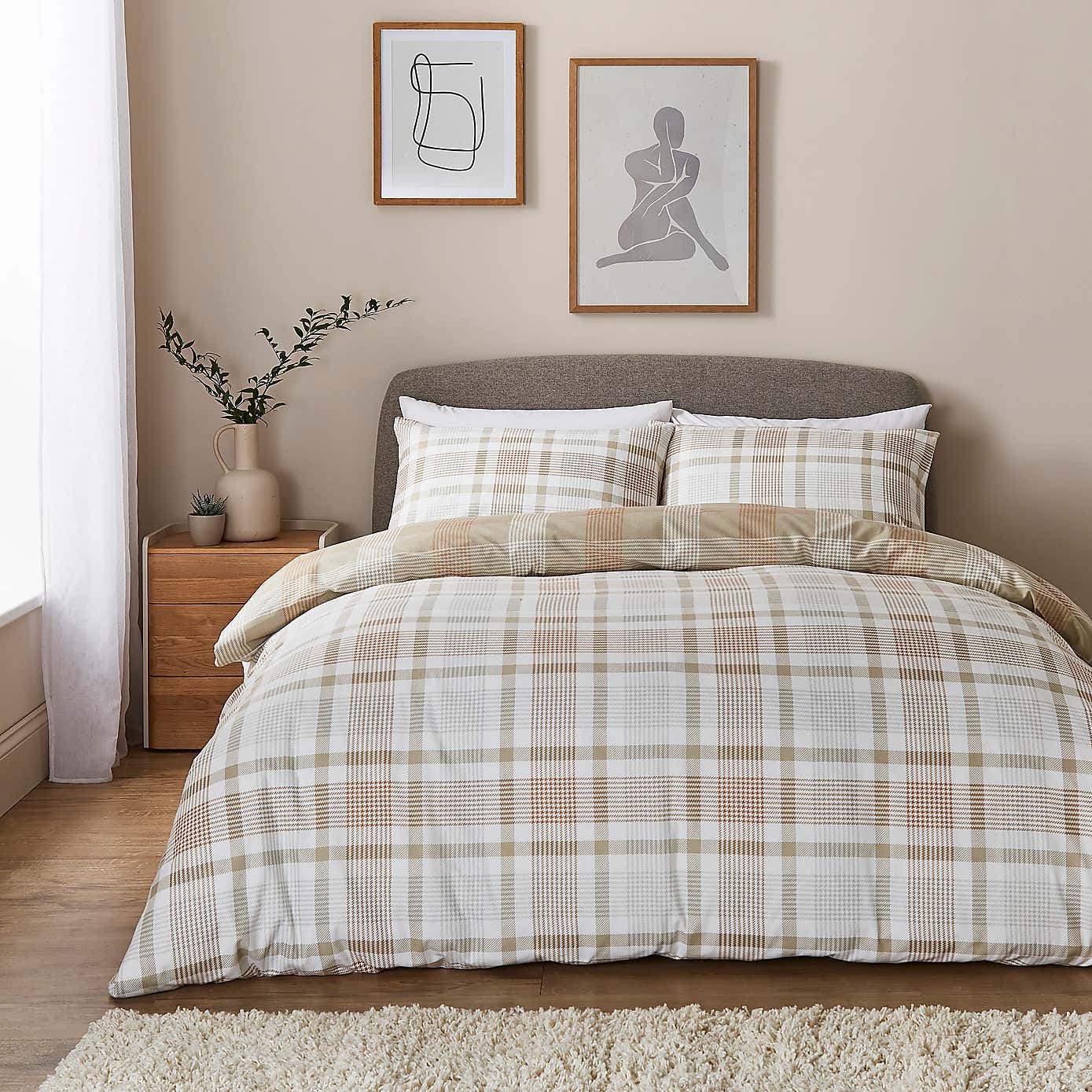 Grey Natural Check Brushed Cotton Fitted Sheet