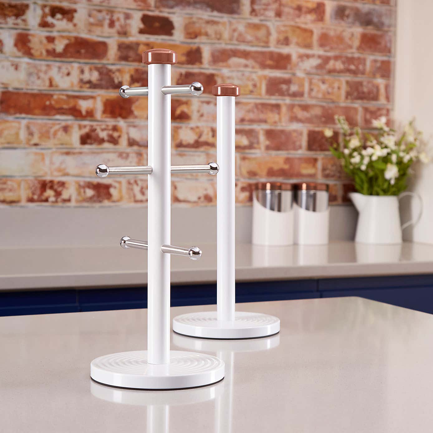 Linear White and Rose Gold Mug Tree and Kitchen Roll Holder Set