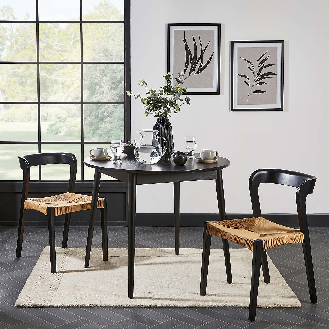Ezra Rectangular Extendable Dining Table with Melia Black Dining Chairs