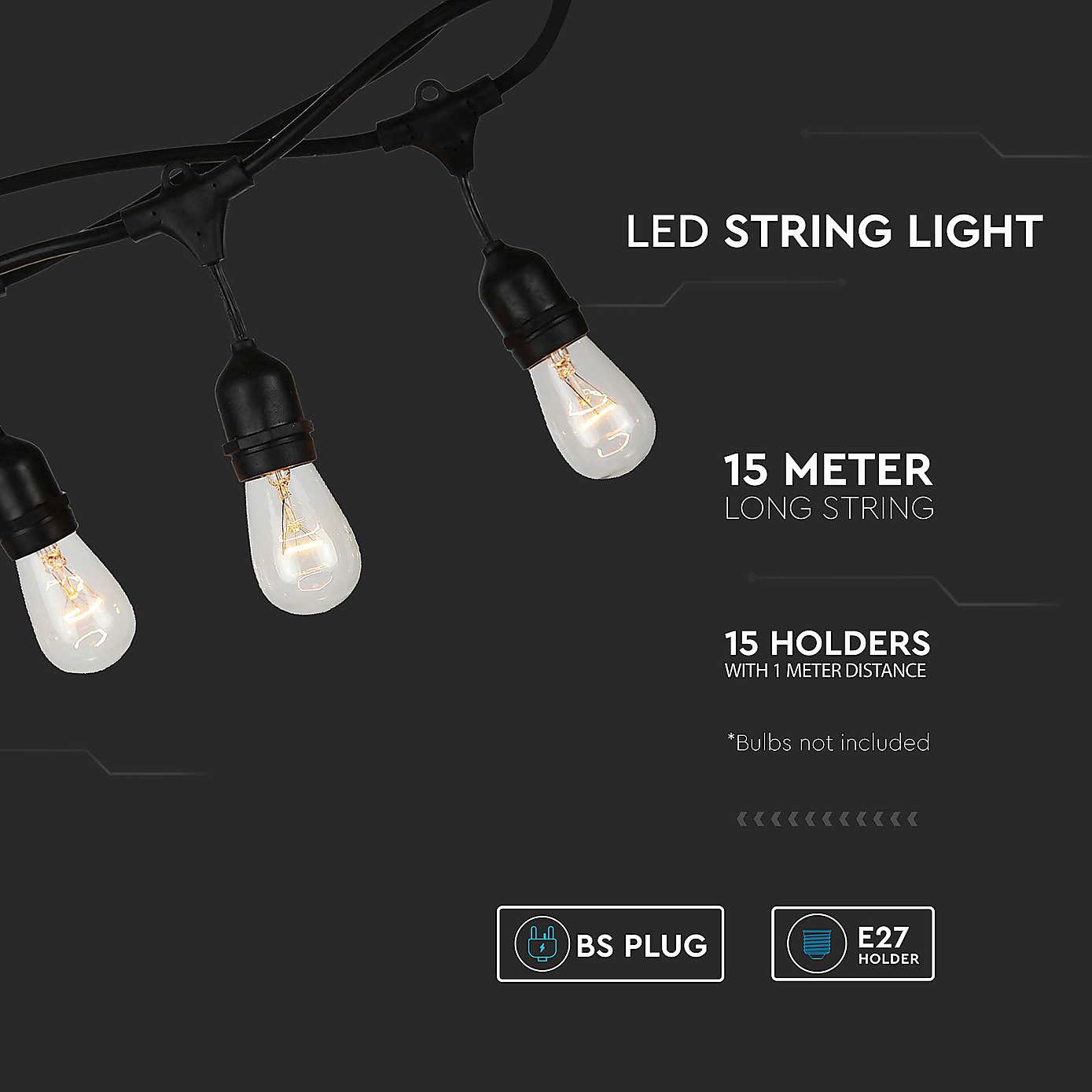 V-TAC 15 LED Festoon String Lights & Filament Bulbs Indoor Outdoor Bundle